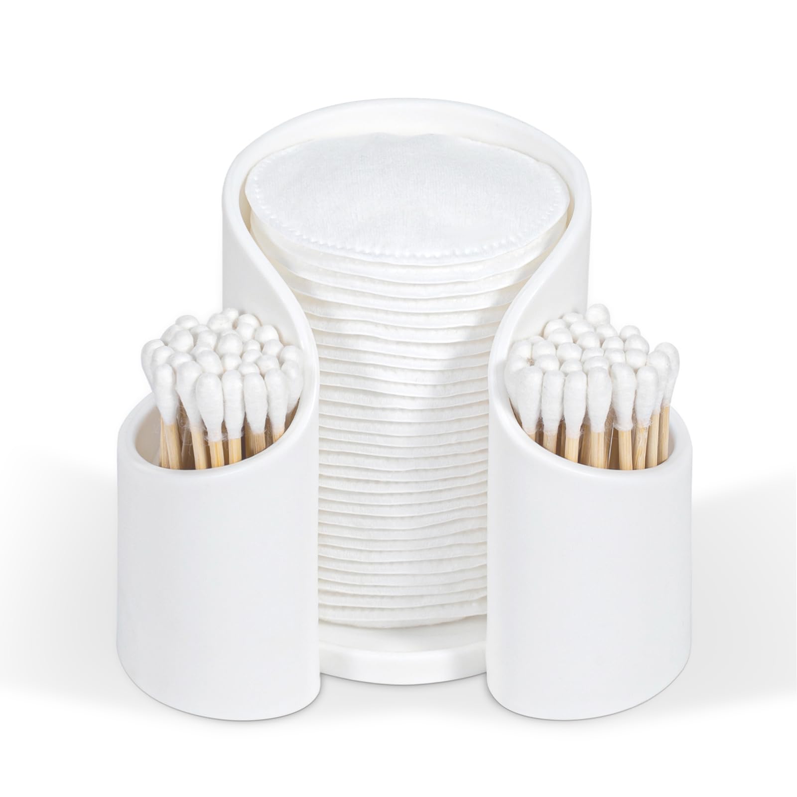 Premium Cotton Pad & Q-Tip Holder - Bathroom Organizer with Dental Floss Dispenser - Vanity Makeup Storage for Cotton Pads, Q-Tips, Paper Cups & Floss - White Bathroom Accessories for Countertop Organization & Makeup Station