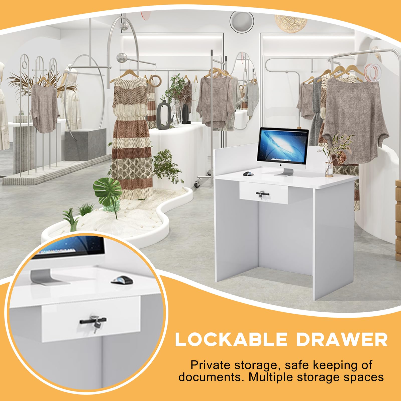 Modern Reception Desk with Lockable Drawer - Office Lobby Counter Table for Salon, Retail & Home Use - Elegant Front Desk Solution for Professional Spaces