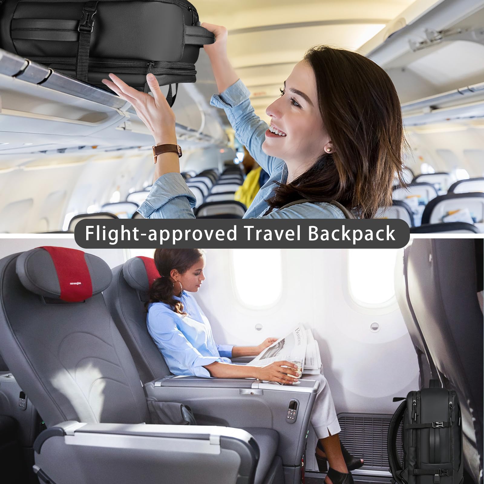 Expandable 38L Carry On Backpack for Men & Women - Waterproof Travel Backpack, Business Weekend Luggage Bag (Black) - Perfect for Air Travel, Commuting & Outdoor Adventures