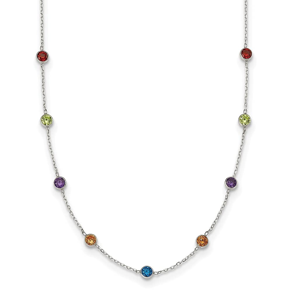 925 Sterling Silver 9-Station Multicolor Cubic Zirconia (CZ) Chain Necklace with Pendant Charms - Elegant Beaded Jewelry for Women | Perfect Gift for Her | Ideal for Parties, Weddings & Everyday Wear