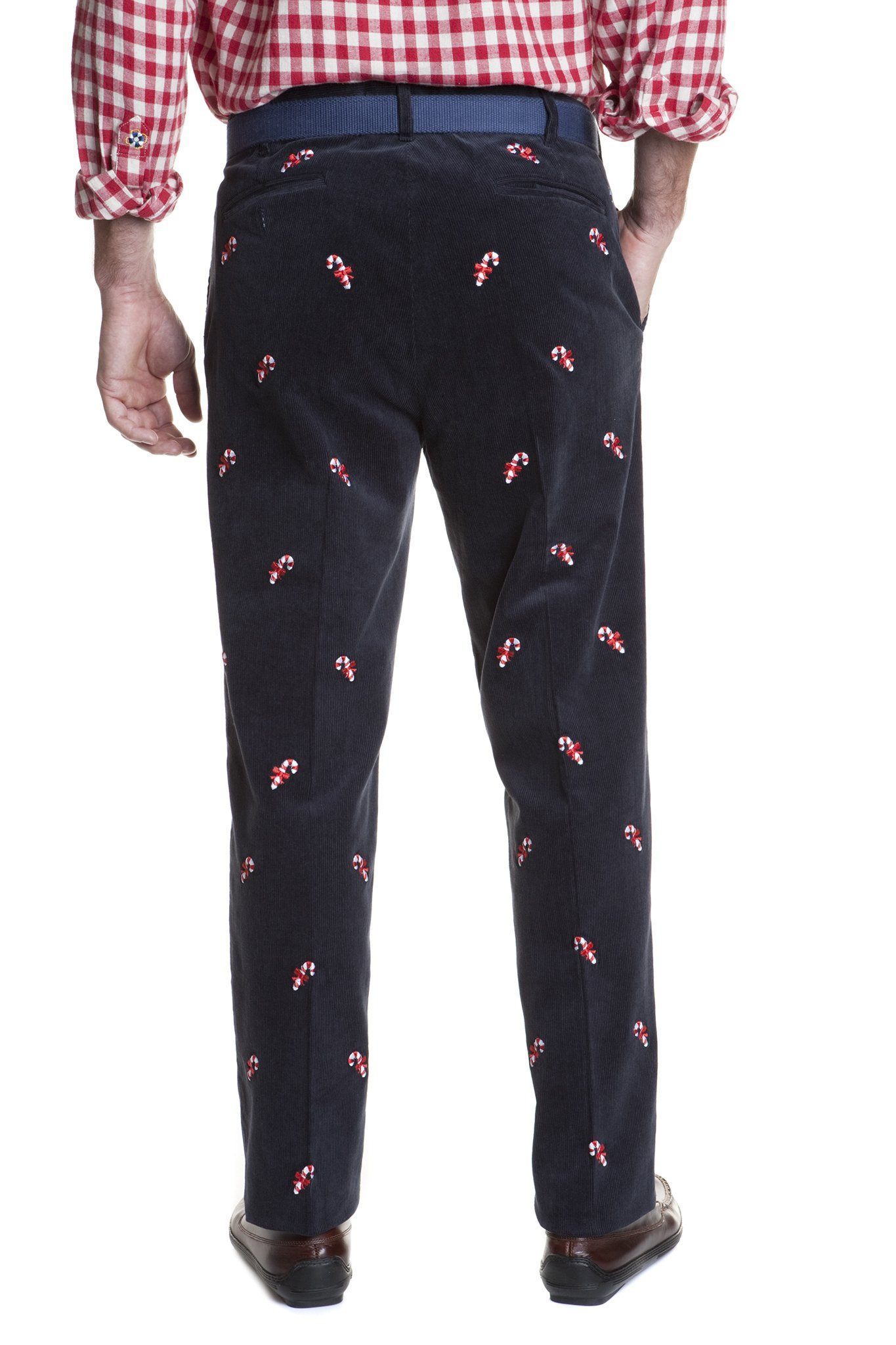 Beachcomber Corduroy Pants for Women - Nantucket Navy with Candy Cane Stripes | Casual Winter Trousers for Holiday Outfits & Christmas Parties