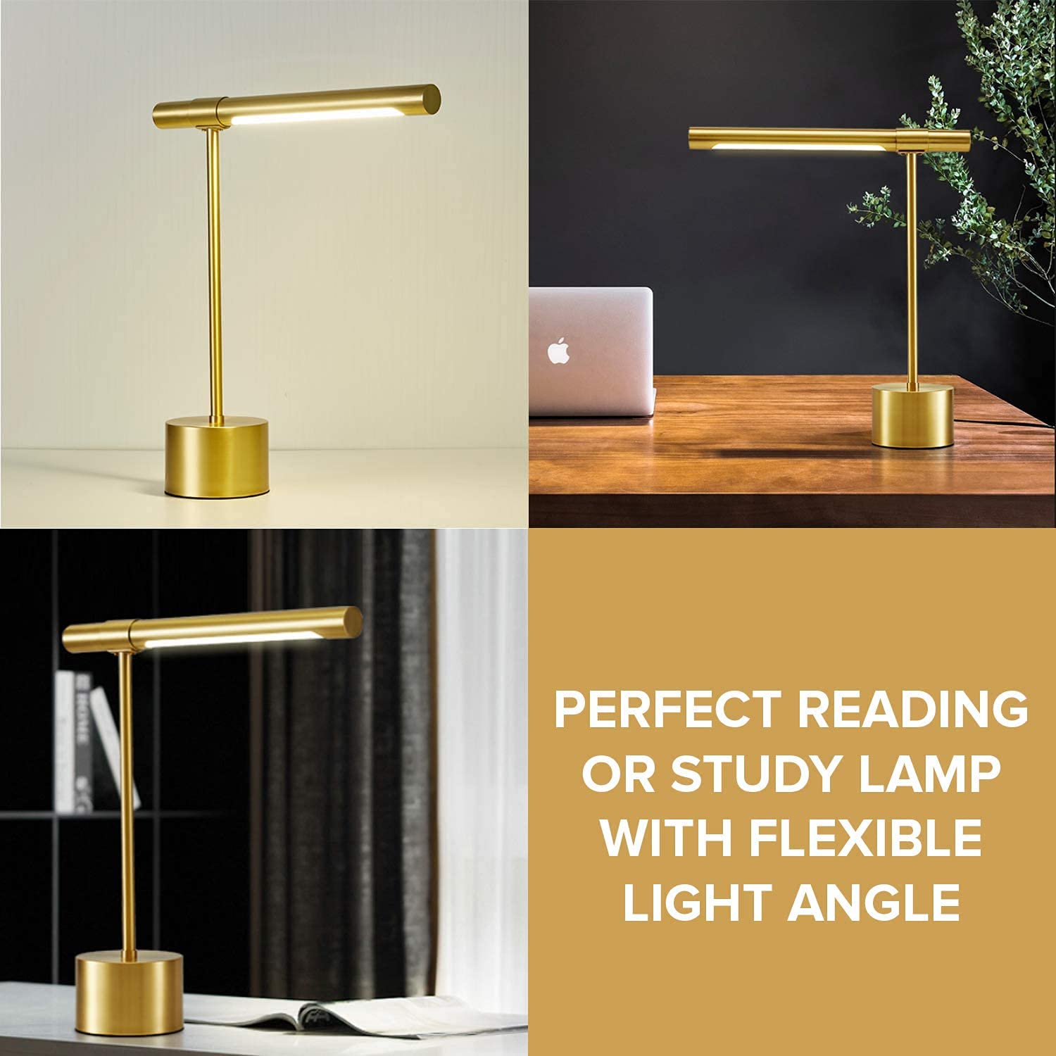 2-Pack All-Brass Mid Century Modern Desk Lamp - Adjustable LED Banker's Lamp with Gold Shade - 18