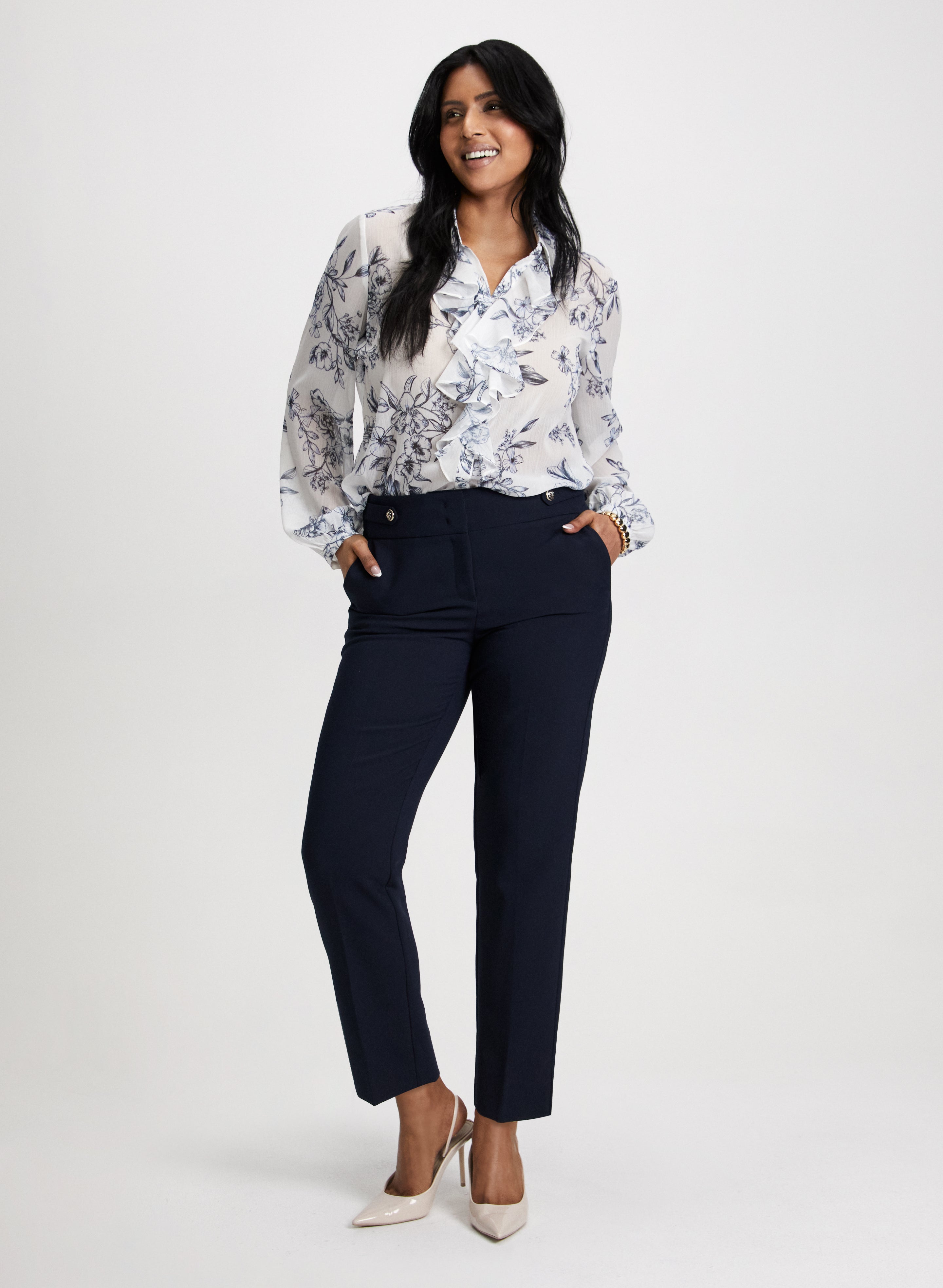 Floral Print Ruffle Blouse & Slim Leg Ankle Pants for Women - Elegant Office Wear and Spring Outfits