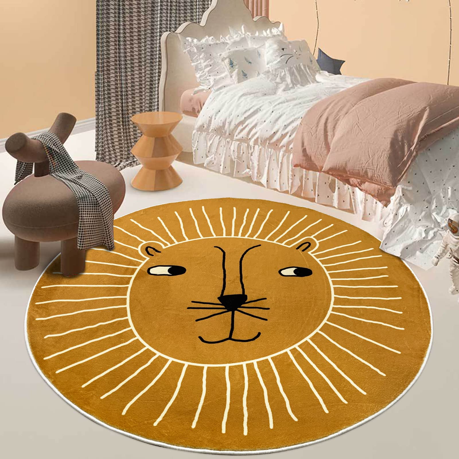 USTIDE 4Ft Round Lion Play Mat for Kids - Non-Slip Soft Nursery Rug, Washable Circle Carpet for Living Room, Bedroom & Playroom Decor | Perfect for Toddler Playtime, Nursery Floor Protection & Cozy Home Decor