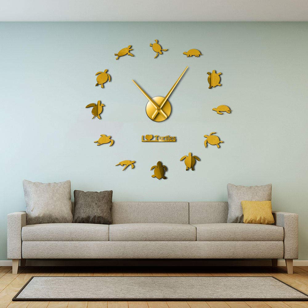 DIY Giant Sea Turtle Wall Clock - 37 Inch (90cm) Gold Silhouette Beach Decor for Living Room, Bedroom & Office | Large Sea Animal Wall Art Sticker