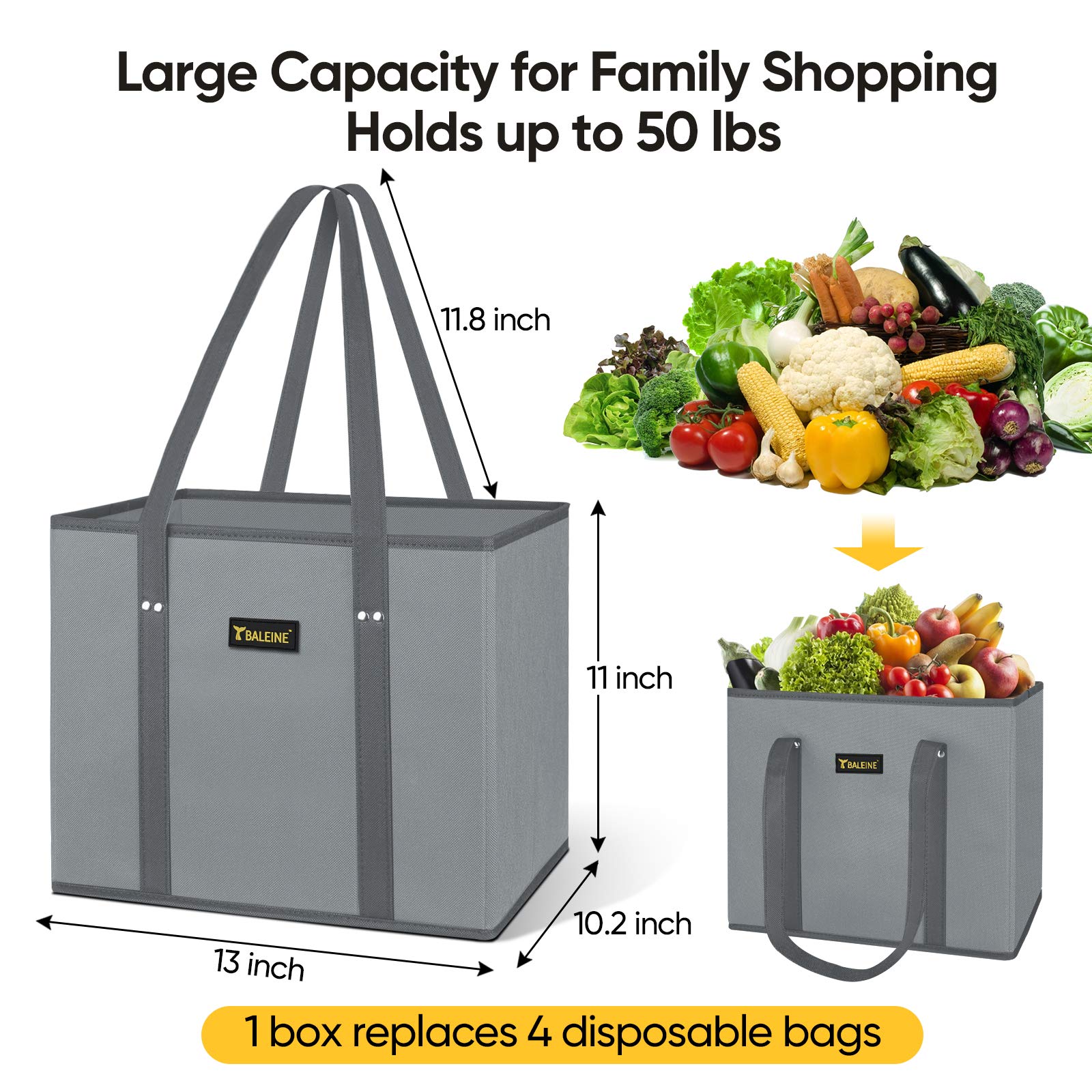 BALEINE 3-Pack Reusable Grocery Bags - Foldable Shopping Tote with Reinforced Bottom & Sturdy Handles (Gray) | Eco-Friendly Grocery Haul, Farmers Market & Retail Shopping Bags
