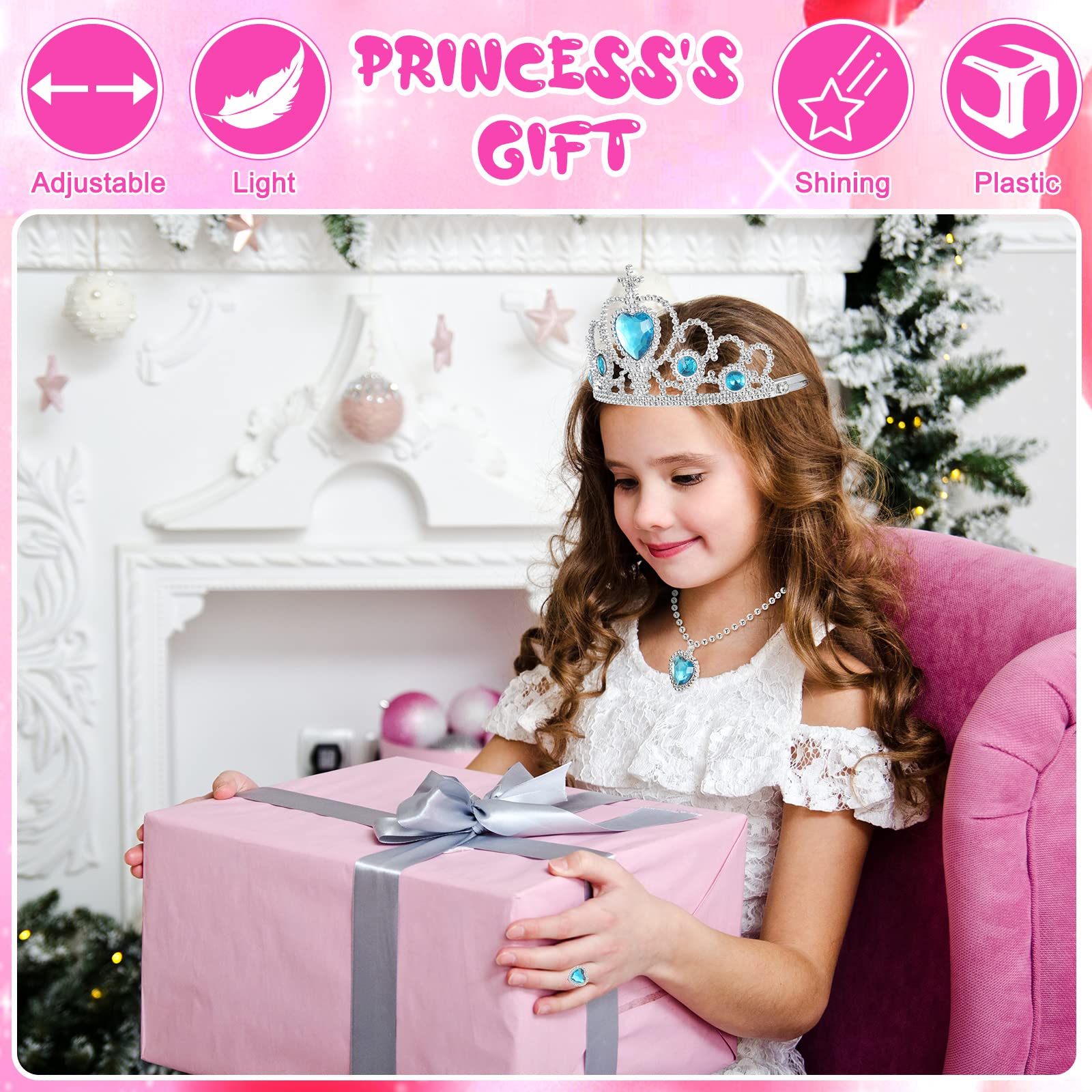 18-Piece Princess Jewelry Set with Crown, Wand, Necklace, Earrings & Rings - Pretend Play Dress-Up Toys for Girls (Blue, Pink, Purple) - Perfect for Birthday Parties, Tea Parties & Role-Playing Games