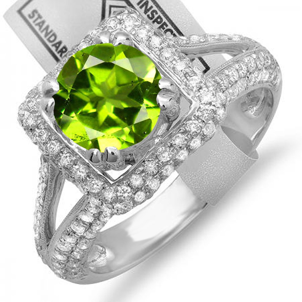 Dazzlingrock 14K Solid White Gold Round Green Peridot & White Diamond Halo Engagement Ring for Women - Perfect for Bridal, Wedding, and Anniversary Gifts