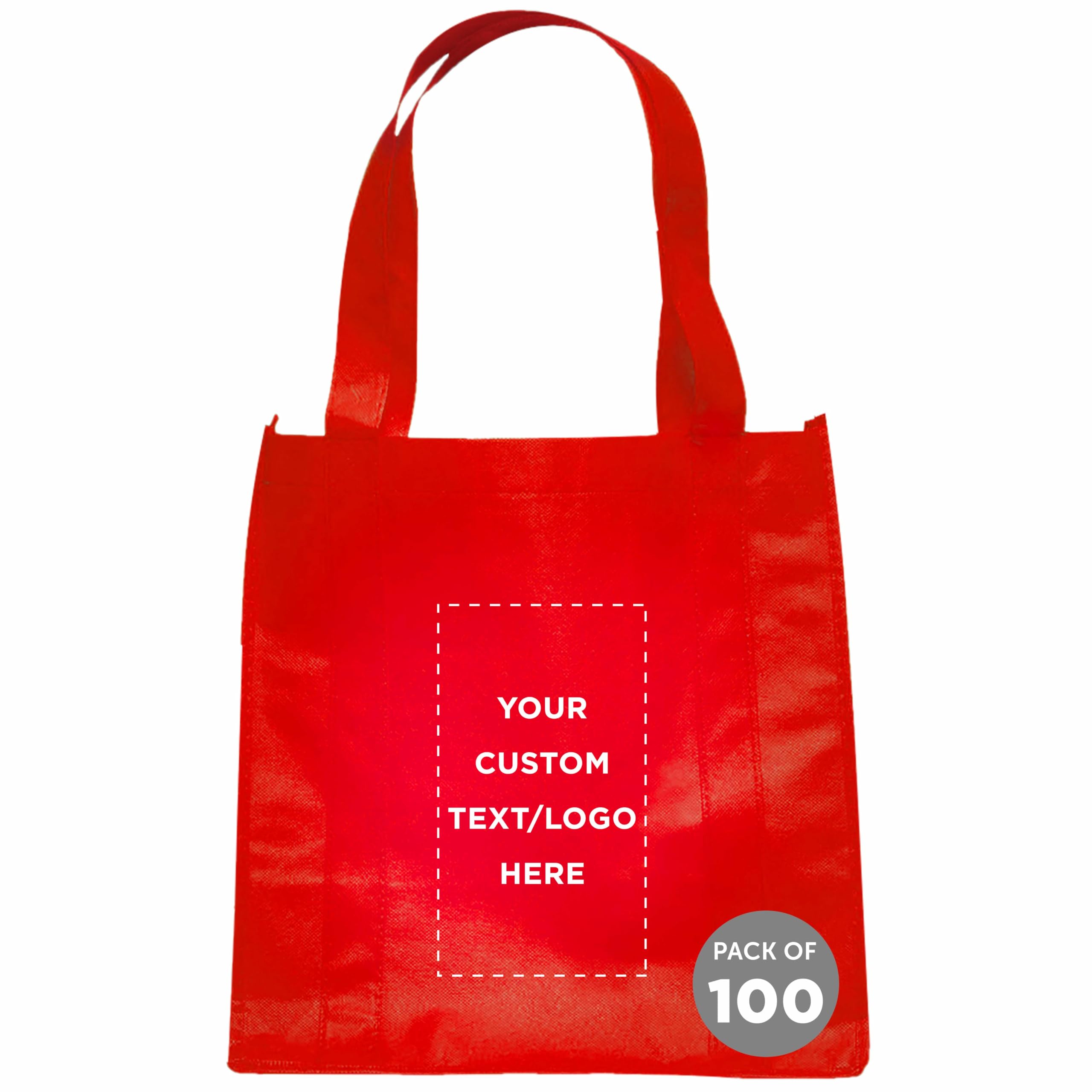Custom Reusable Grocery Tote Bags 100 Pack - Personalized Logo & Text - Small Foldable Shopping Bags - Red 12.625