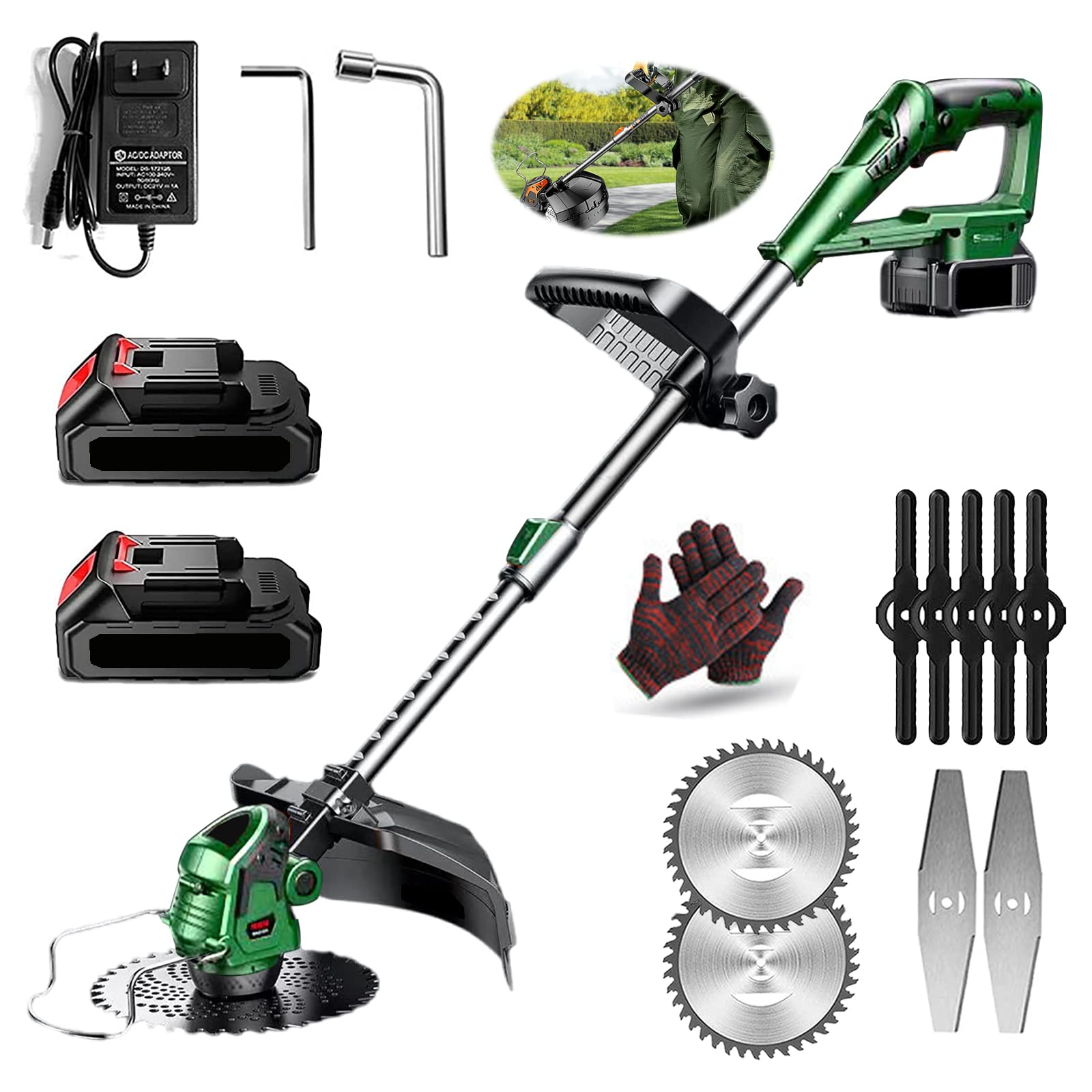 **Cordless String Trimmer & Lawn Edger - 20V Electric Grass Trimmer with 2 Batteries, 3 Blades & Wheels - Lightweight Weed Wacker for Lawn, Garden, Yard Maintenance - Perfect for Trimming, Edging & Pruning (Green)**    *(Note: 