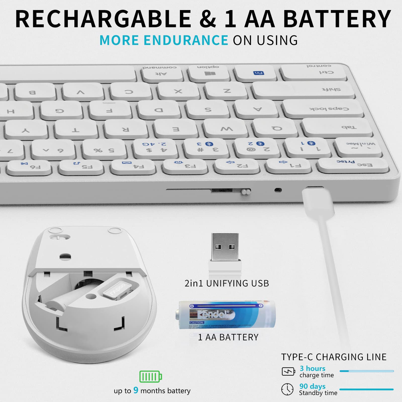RAPOO Wireless Keyboard and Mouse Combo - Bluetooth Keyboard and Mouse Set, Compact Design with 1300 DPI for PC, Laptop, Desktop - Compatible with Windows XP/7/8/10 - Perfect for Office, Home, and Gaming Use
