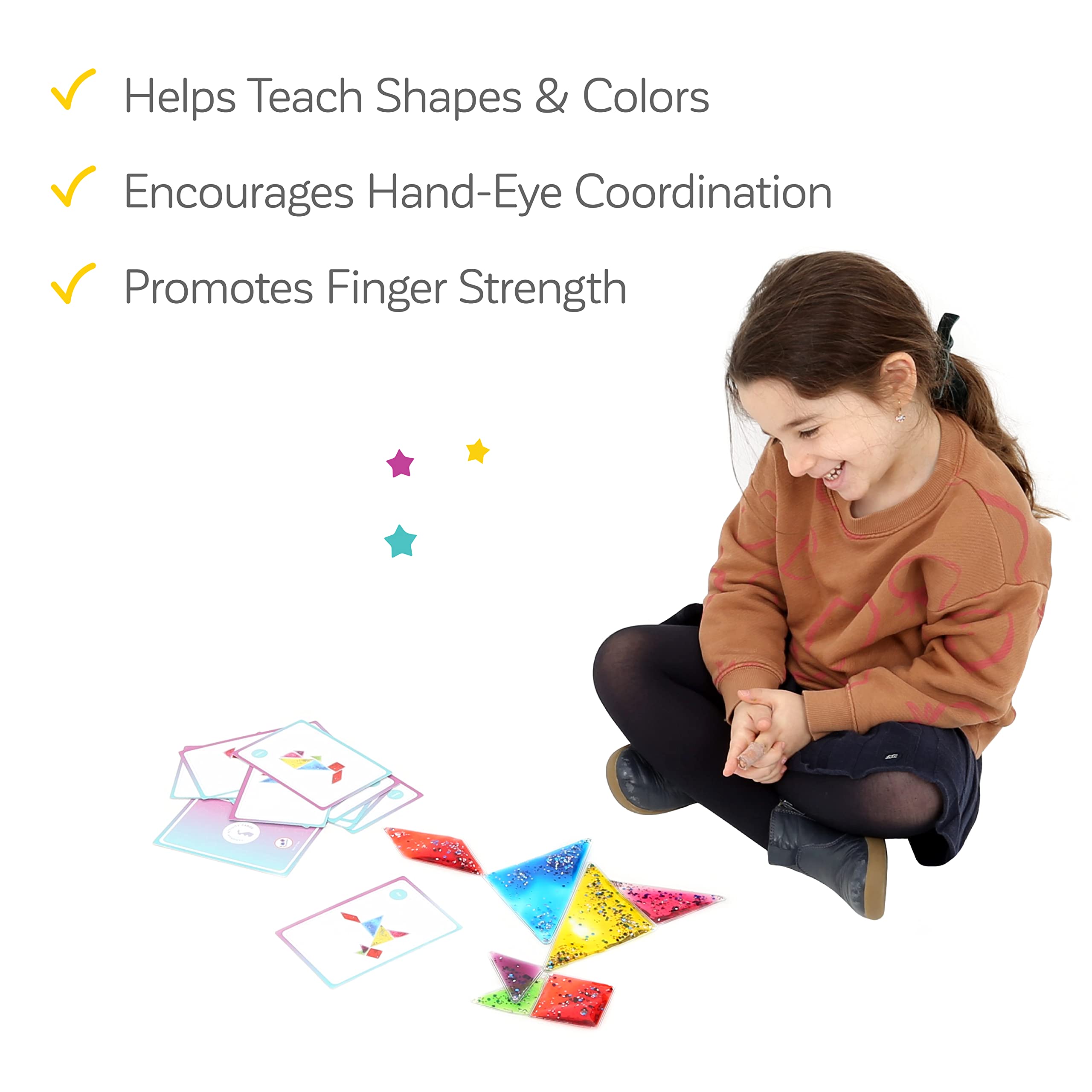 Fun and Function Busy Fingers Tangram Gel Puzzle Set with Pattern Block Cards - Geometric Shape Sensory Puzzle for Kids Ages 3+ - Perfect for Preschool Learning, Occupational Therapy & Quiet Time Activities