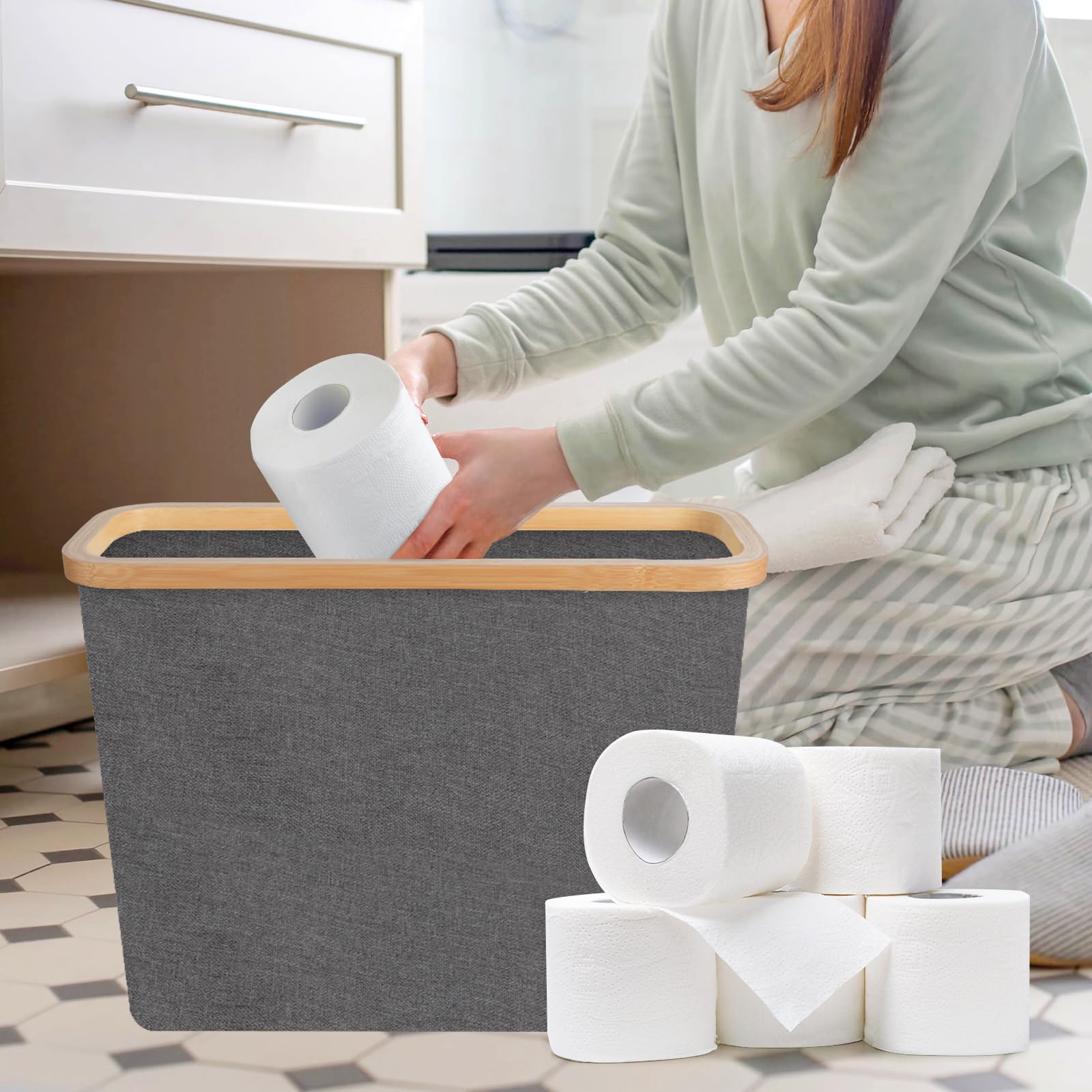 Bamboo Toilet Paper Storage Basket - 12 Rolls Holder Organizer for Bathroom, Toilet Tank & Countertop - Bathroom Accessories for Home, Office & RV - Space Saving & Stylish Storage Solution