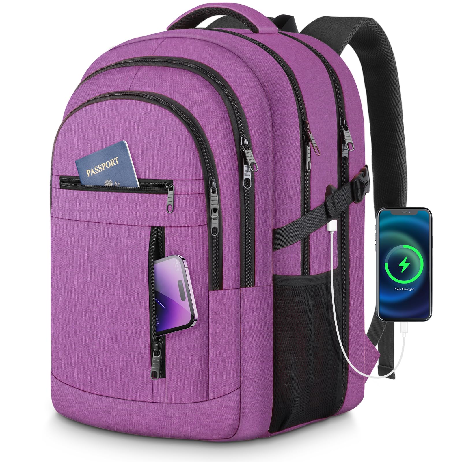 Waterproof Anti-Theft TSA Approved Travel Backpack with USB Charging Port - Extra Large 17.3 Inch Laptop Backpack for Men & Women (Purple) - Perfect for Business Trips, Work Commute & Gaming Travel