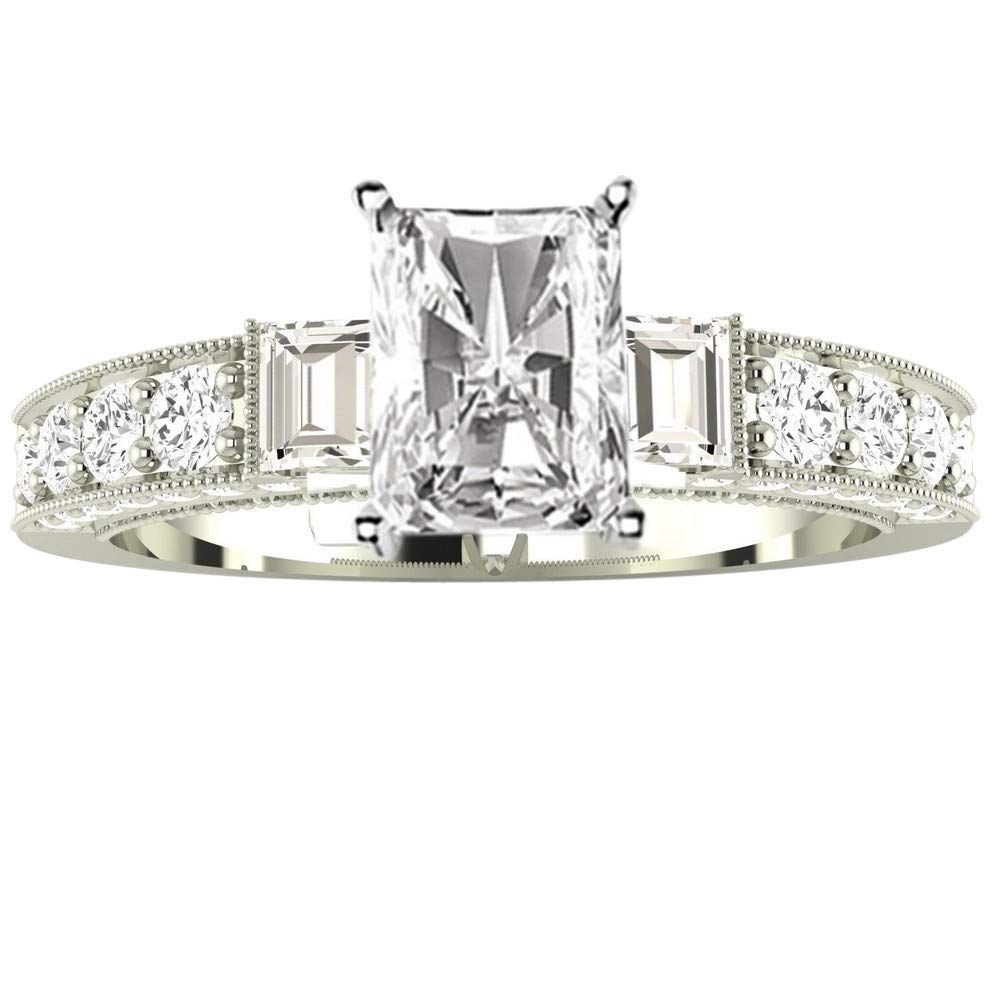 1.25 Ctw 14K White Gold Round Half Bezel Baguette Radiant Cut Diamond Engagement Ring - 0.75 Ct G Color VS2 Clarity Center Stone - Perfect for Proposals, Weddings & Anniversary Gifts