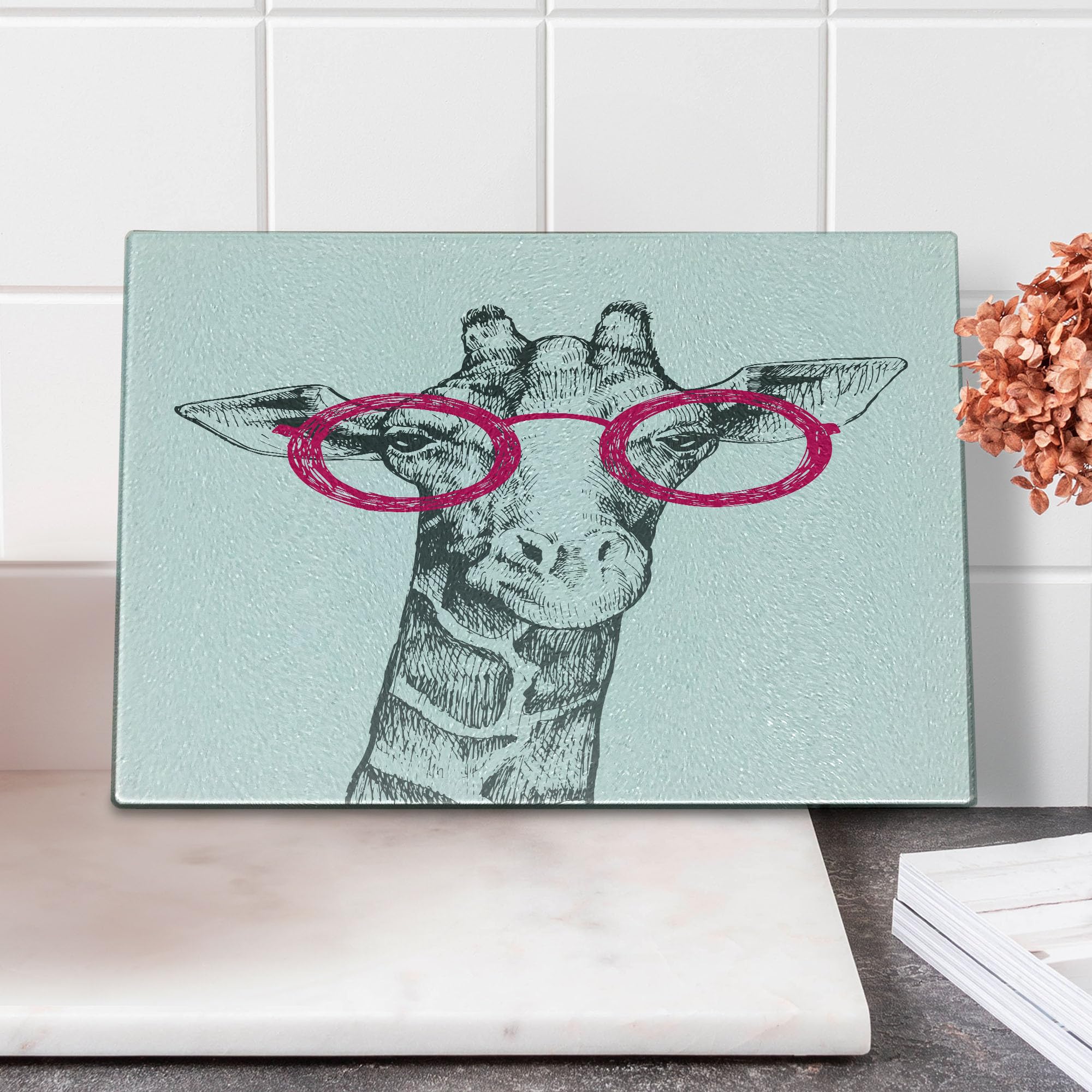 Ambesonne Funny Animal Retro Fashion Round Glasses Cutting Board - Hand Drawn Decorative Tempered Glass Serving Board - Small Size White & Pink - Perfect for Summer Parties, Kitchen Decor & Gift Giving