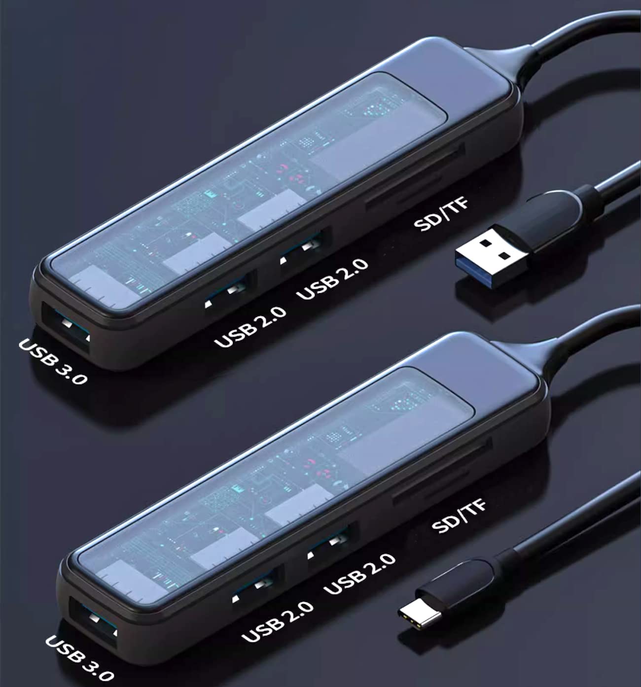 7-in-1 USB Hub for Laptop & PC - USB 3.0 & 2.0 Multi-Port Adapter with SD/TF Card Reader, Visible Panel - Portable USB Splitter for MacBook, Camera, Desktop - Perfect for Home Office, Gaming & Data Transfer