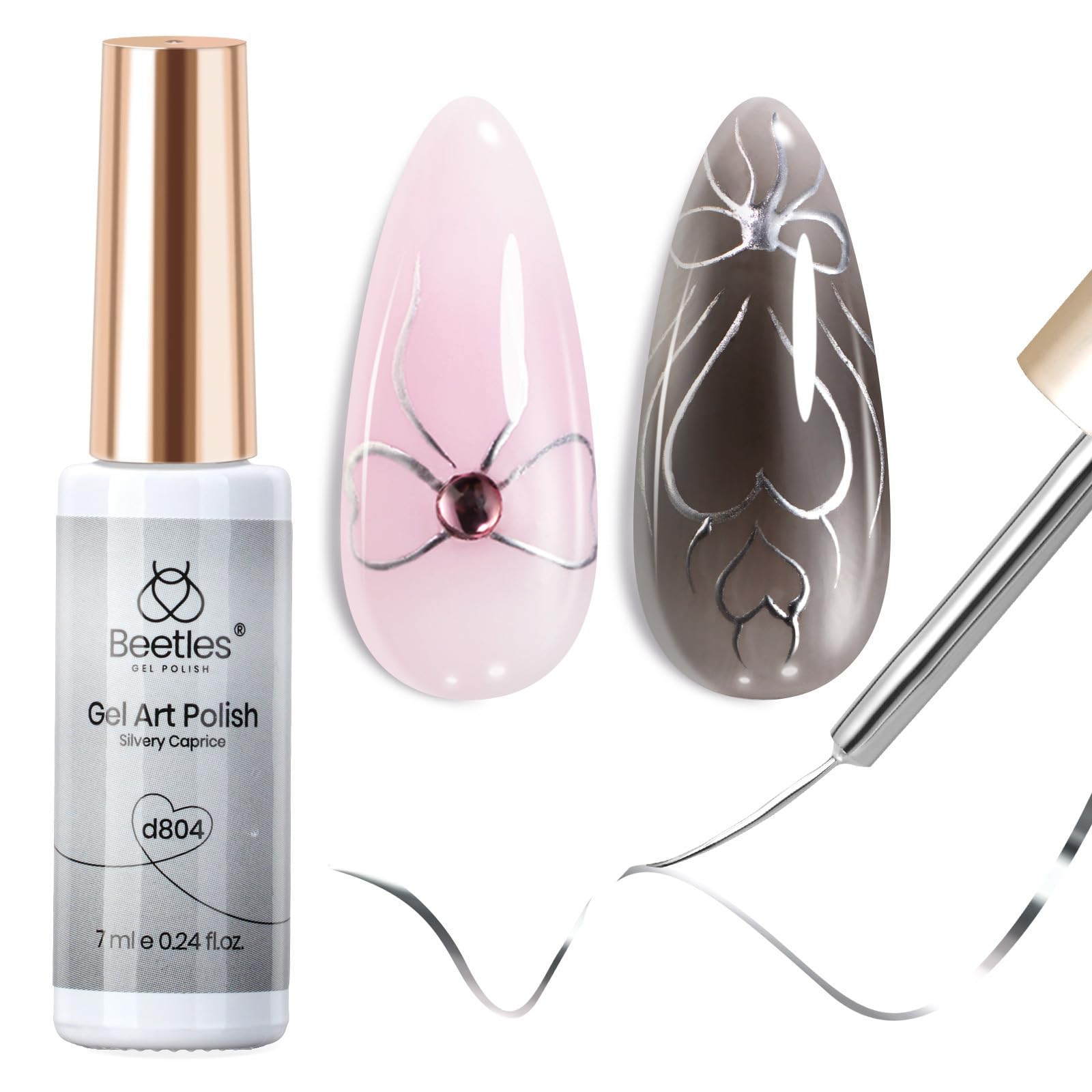 Beetles Metallic Silver Gel Nail Polish - 7ml Mirror Chrome French Tip Nail Art Liner with 3D Metal Effect | Soak Off UV/LED Lamp Gel Polish for Salon & Home Manicure | Perfect for French Tips, Swirl Lines & Chrome Nail Designs
