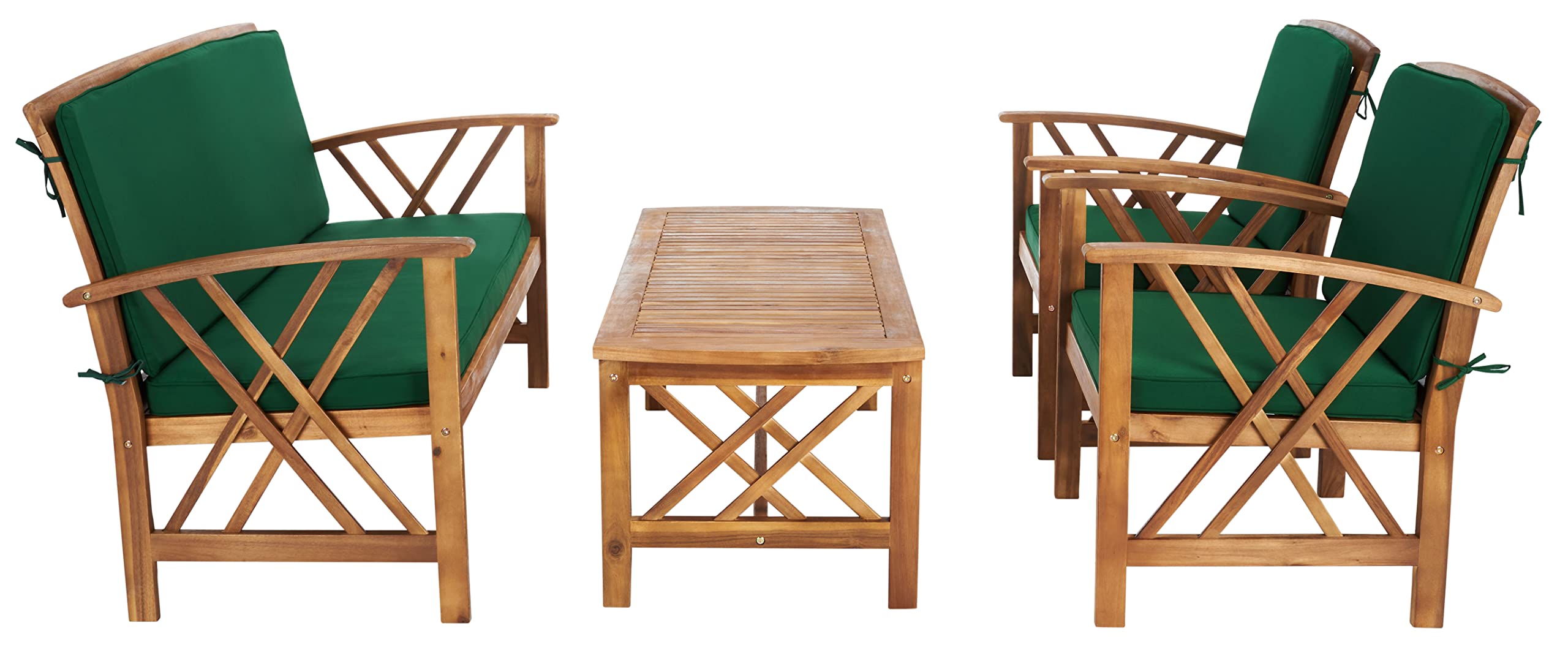 SAFAVIEH Outdoor Collection Fontana 4-Piece Patio Set with Natural/Green Cushions - Perfect for Garden, Backyard, and Poolside Conversation Areas