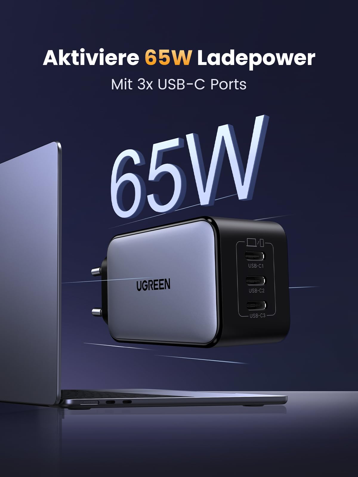 UGREEN Nexode 65W GaN USB C Fast Charger with 3 Ports - Compact PD Charger for MacBook Pro/Air, HP Laptop, iPad Pro, iPhone 16/16 Pro, Galaxy S24 - Perfect for Travel, Office & Home Charging