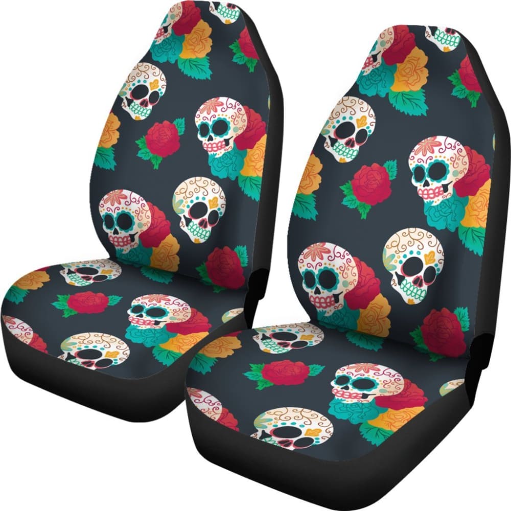 2 Pcs Floral Sugar Skull Day of The Dead Car Seat Covers - Mexican Style Decor for Halloween, Dia de Los Muertos Celebration & Car Interior Accessories