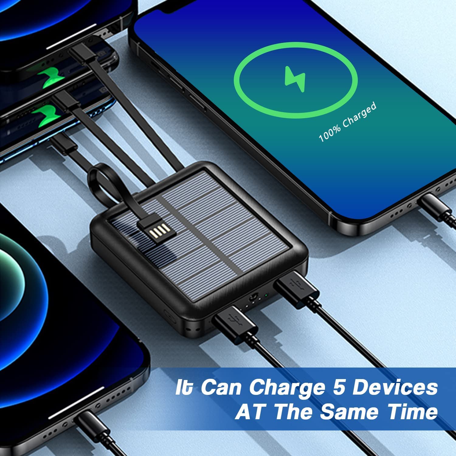 Lasuki 15000mAh Solar Power Bank - Portable Solar Charger with Built-in 4 Cables & USB-C Input/Output - Compact External Battery for iPhone, iPad, Tablet - Perfect for Camping, Hiking, and Outdoor Adventures
