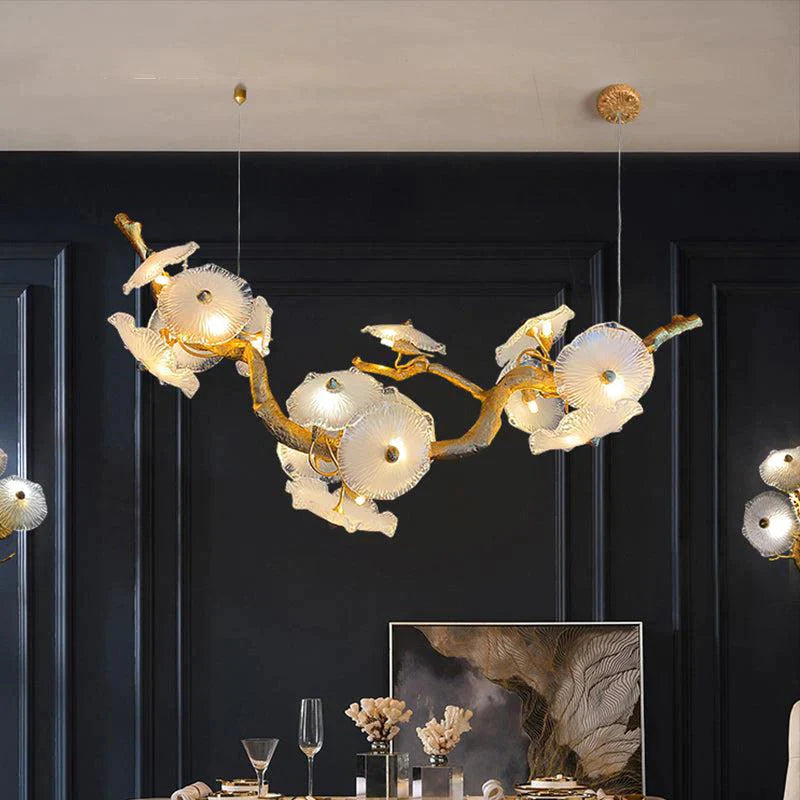 Modern Leaf Glass Flower Linear Branch Chandelier - Elegant Island Pendant Light for Dining Room, Kitchen, or Living Room Decor