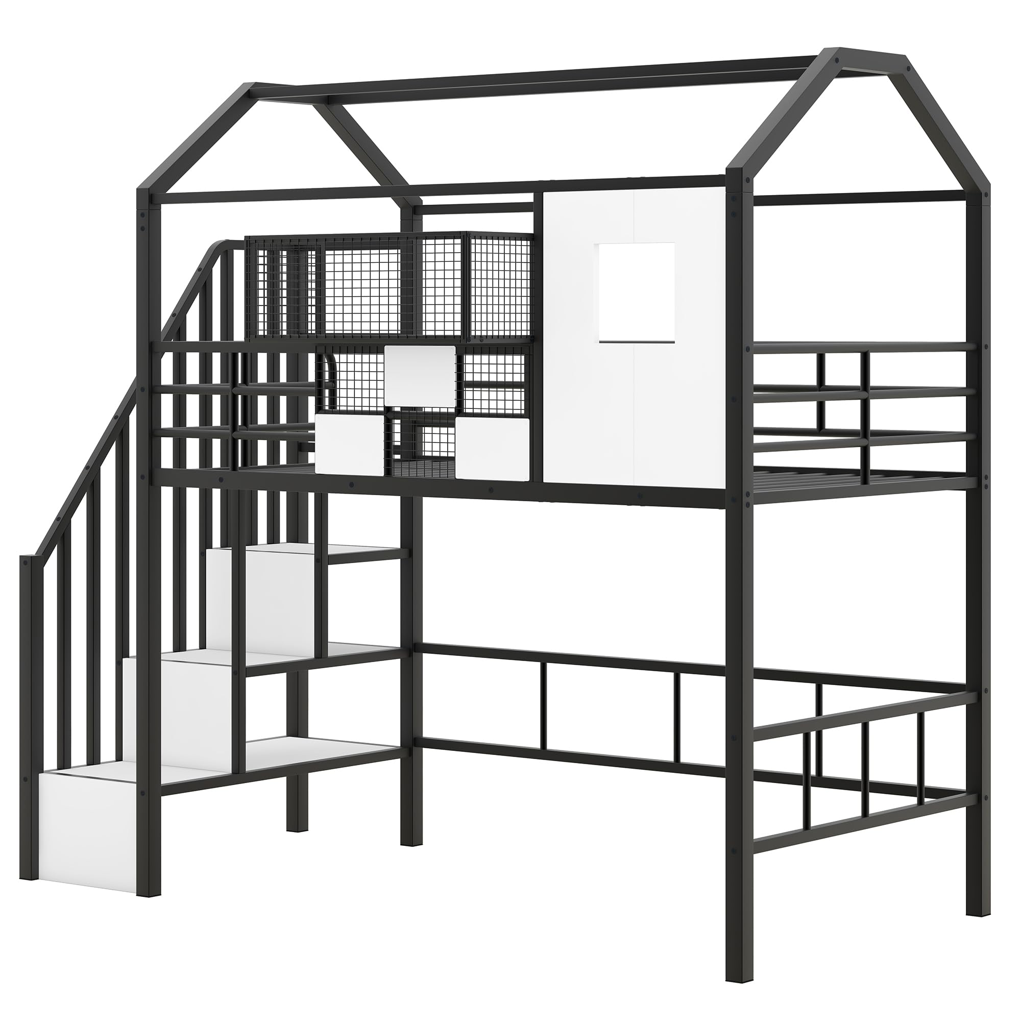 BOVZA Twin Size Metal Loft Bed with Stairs, Roof & Storage Box - Safe Kids Low Bunk Bed Frame with Guardrails for Boys & Teens - Black & White - Perfect for Small Bedrooms, Dorm Rooms & Kids' Play Areas