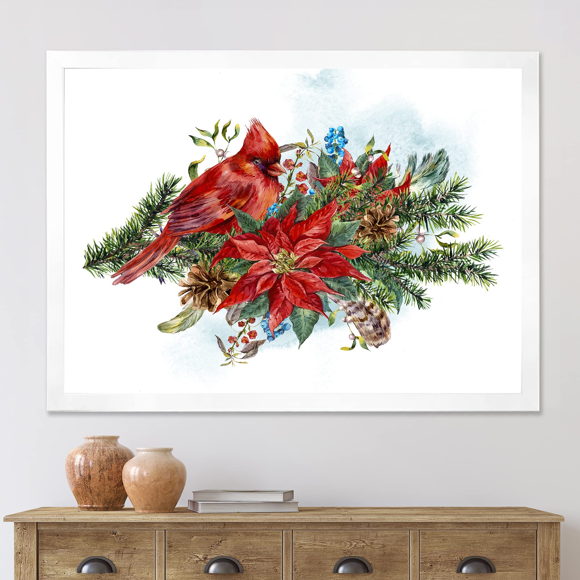 Christmas Poinsettia and Red Cardinal Bird Framed Wall Art - Traditional Holiday Home Decor for Living Room, Bedroom & Office