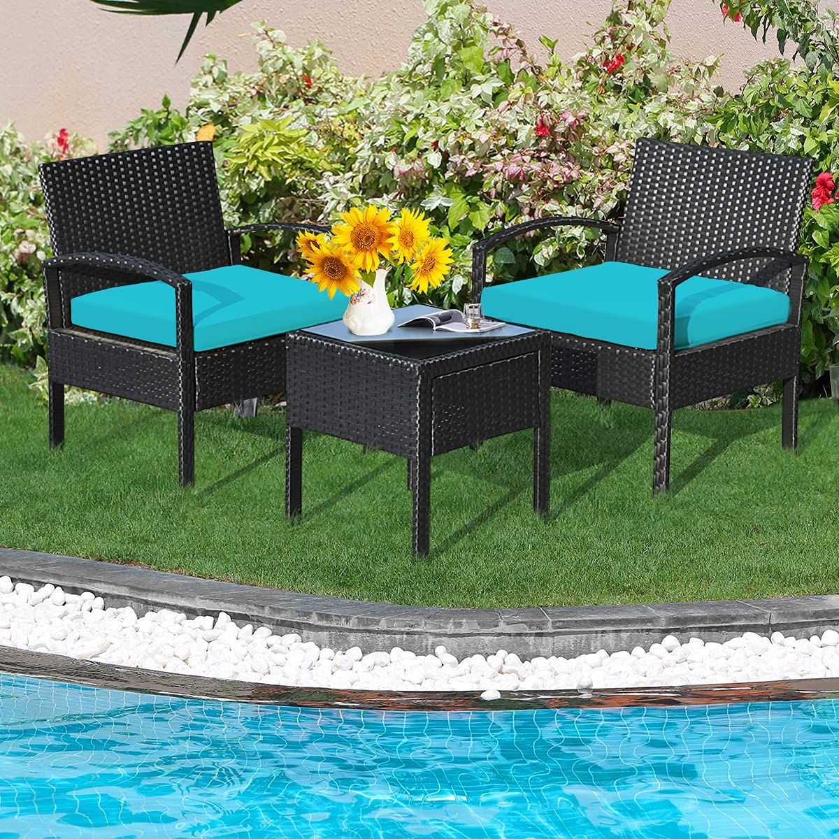HappyGrill 3-Piece Patio Conversation Set - Outdoor Wicker Rattan Furniture with Cushions, Coffee Table & Chairs - Modern Bistro Set for Garden, Balcony, Backyard, Porch & Poolside Relaxation