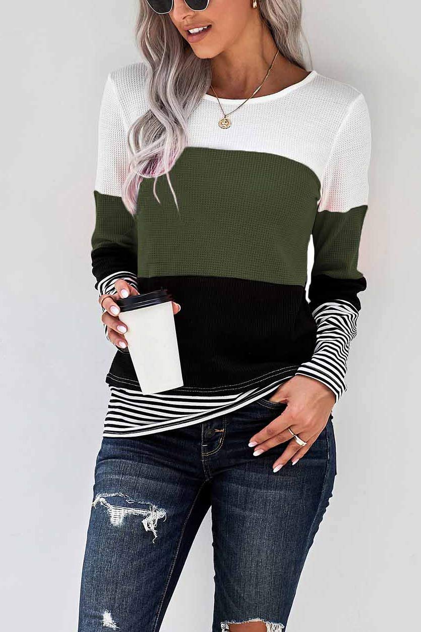 Trendy Women's Long Sleeve Color Block T-Shirts - Fashionable Casual Tops for Everyday Wear | Perfect for Work, Outings & Layering Outfits