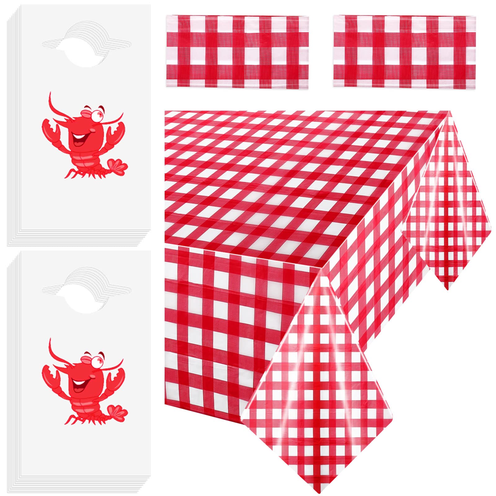 30 Pcs Disposable Crawfish Bibs & 2 Pcs 54x108 Inch Red Gingham Tablecloths - Crawfish Boil Party Set for Seafood Restaurants, Picnics, Outdoor Gatherings & Summer BBQs