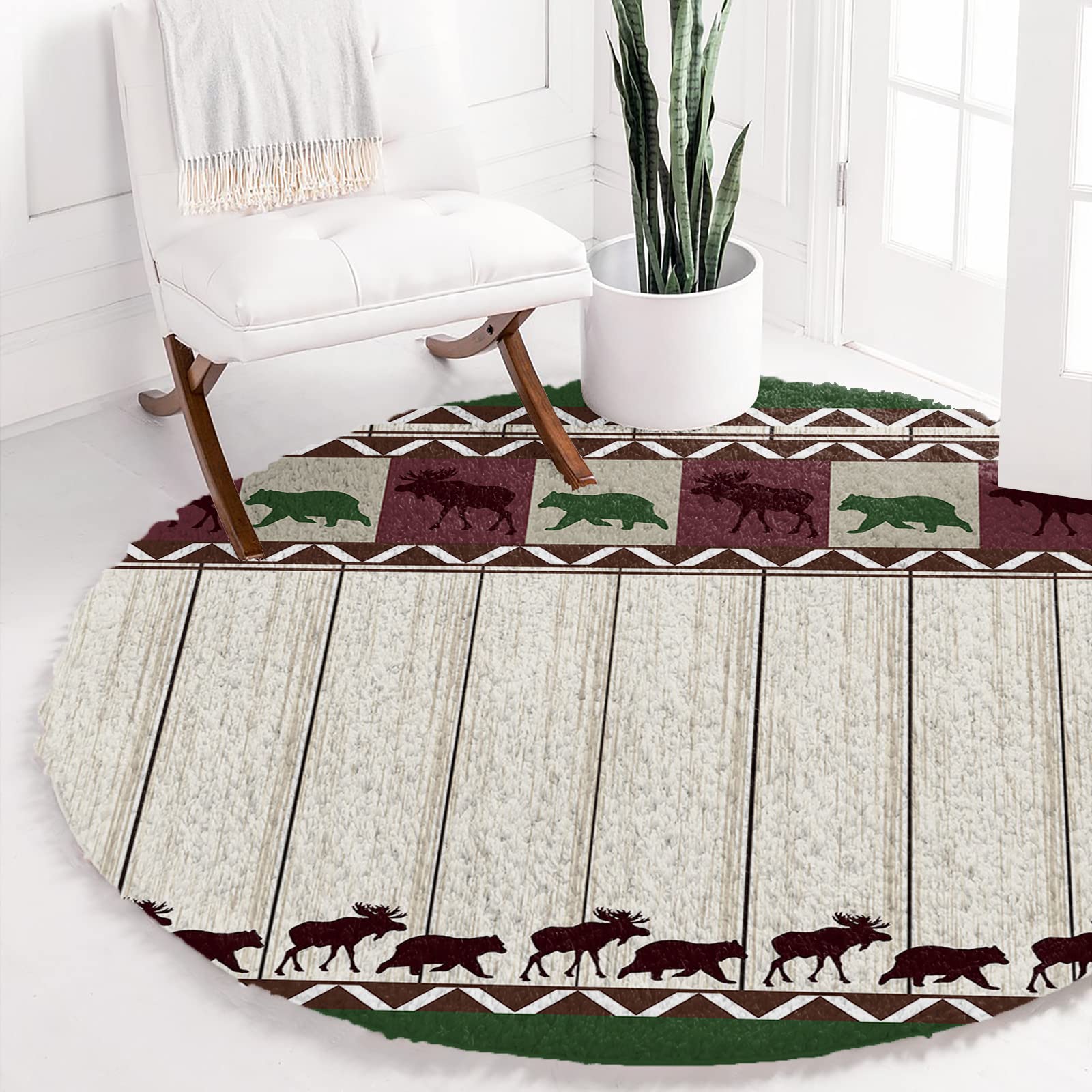 Soft Fluffy Shaggy Round Area Rug - Non-Slip Fuzzy Floor Carpet for Bedroom, Living Room & Nursery Decor | Bear Deer Plaid Wildlife Farm Design with Wooden Grain Pattern - Cozy Home Accent for Kids Room, Dorm or Apartment