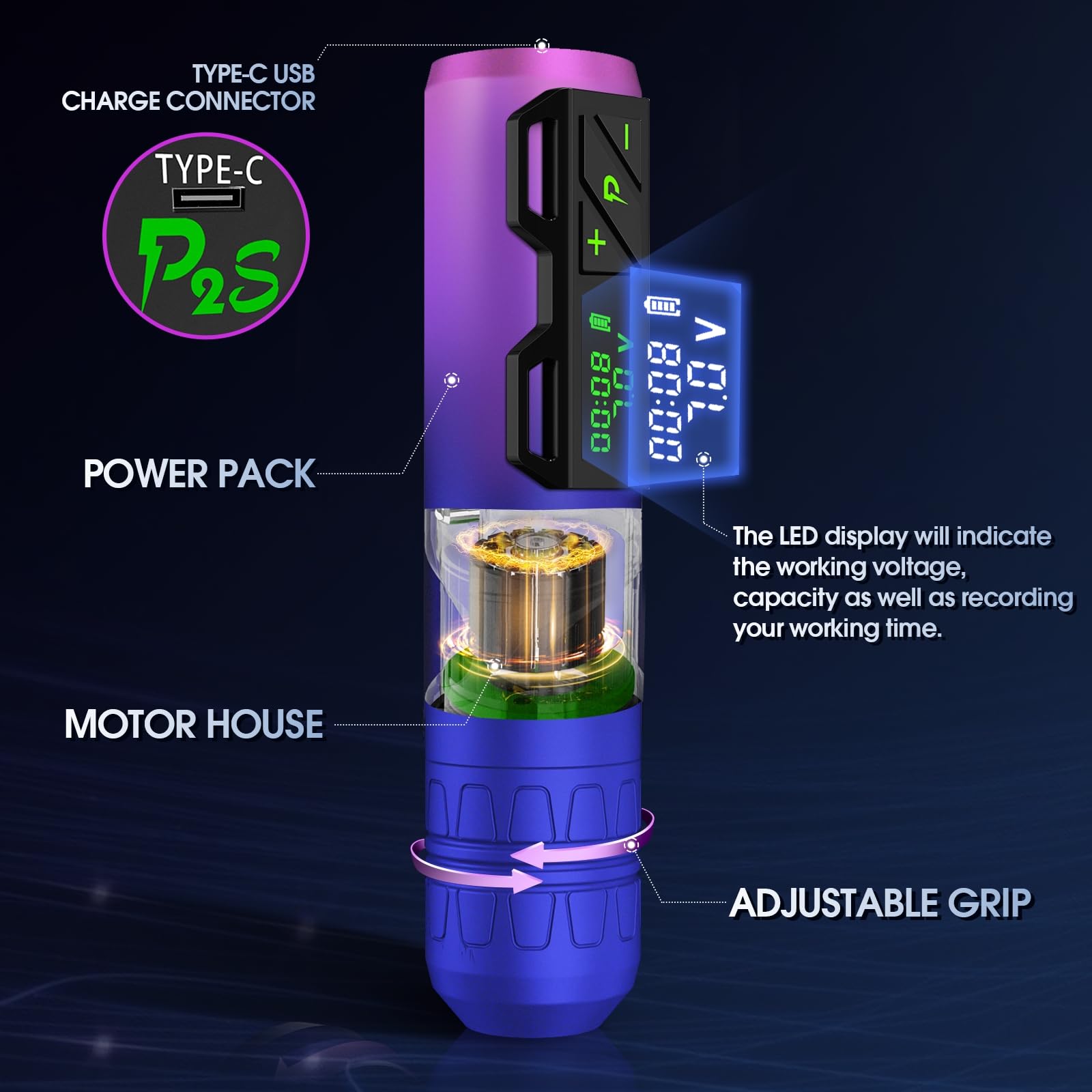 Professional EZ Wireless Tattoo Pen Machine - 4.0mm Stroke Rotary Tattoo Gun with 1800mAh Rechargeable Battery, Needle Cartridges for Tattoo Artists | Portable Cordless Design for Studio & Travel Tattooing (Portex 2S Purple)