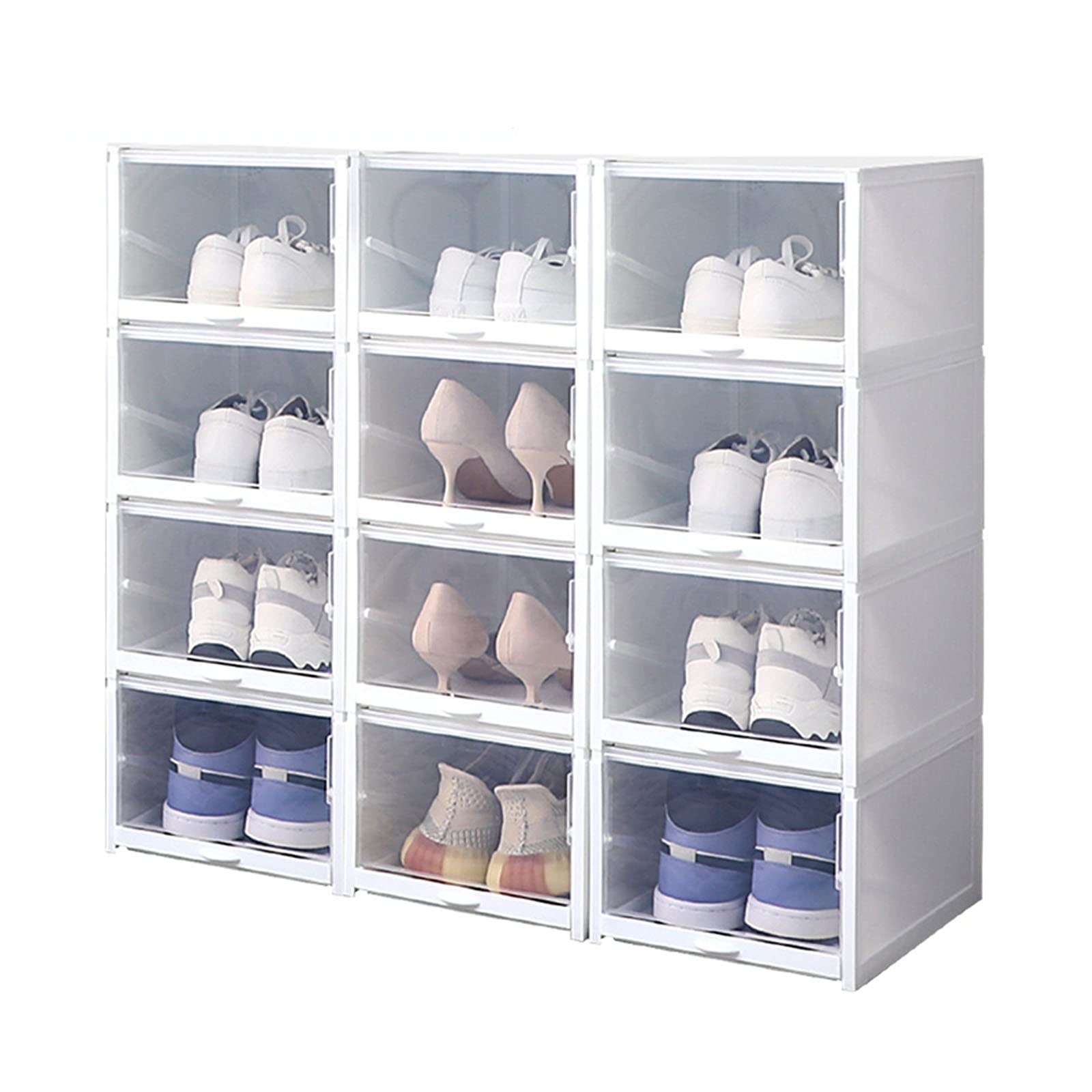 SUNDAY HOME Clear Shoe Boxes with Drawers - 12 Pack Stackable Plastic Shoe Storage Containers | Closet Organizer & Sneaker Display Case (White) - Perfect for Bedroom, Closet, or Entryway Organization