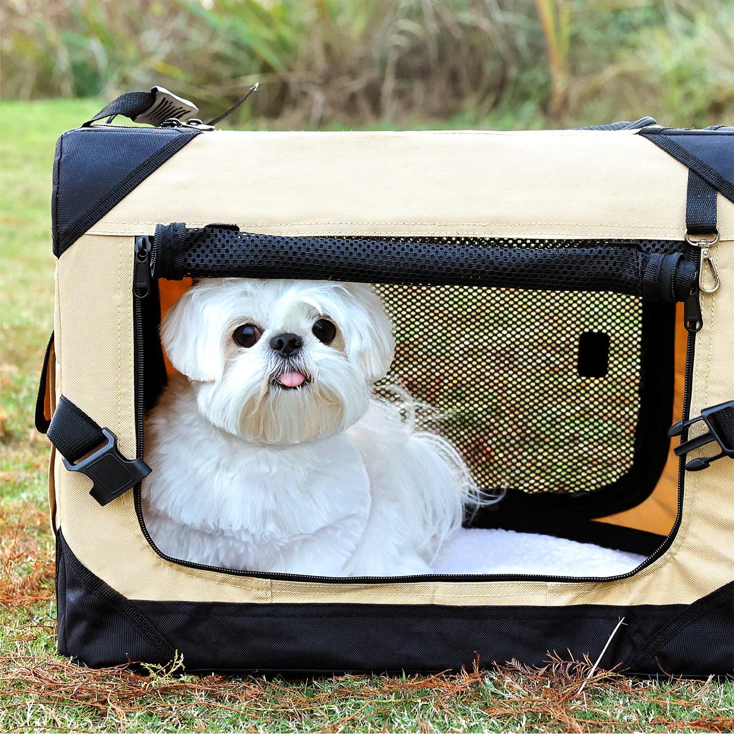Pettycare 36 Inch Collapsible Dog Crate for Large Dogs - 4-Door Foldable Soft Kennel with Chew Proof Mesh Windows | Indoor & Outdoor Travel Crate for Home, Car, Camping & Vet Visits | Beige Soft-Sided Dog Crate