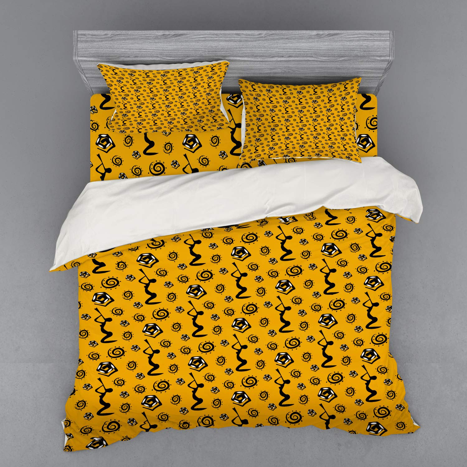Ambesonne Tribal Bedding Set 4-Piece - King Size Duvet Cover with Pillow Shams & Fitted Sheet, Yellow & Black Bohemian Design Featuring Musician Woman & Snake Pattern | Perfect for Boho Chic Bedrooms, Guest Rooms & Music Lover's Home Decor