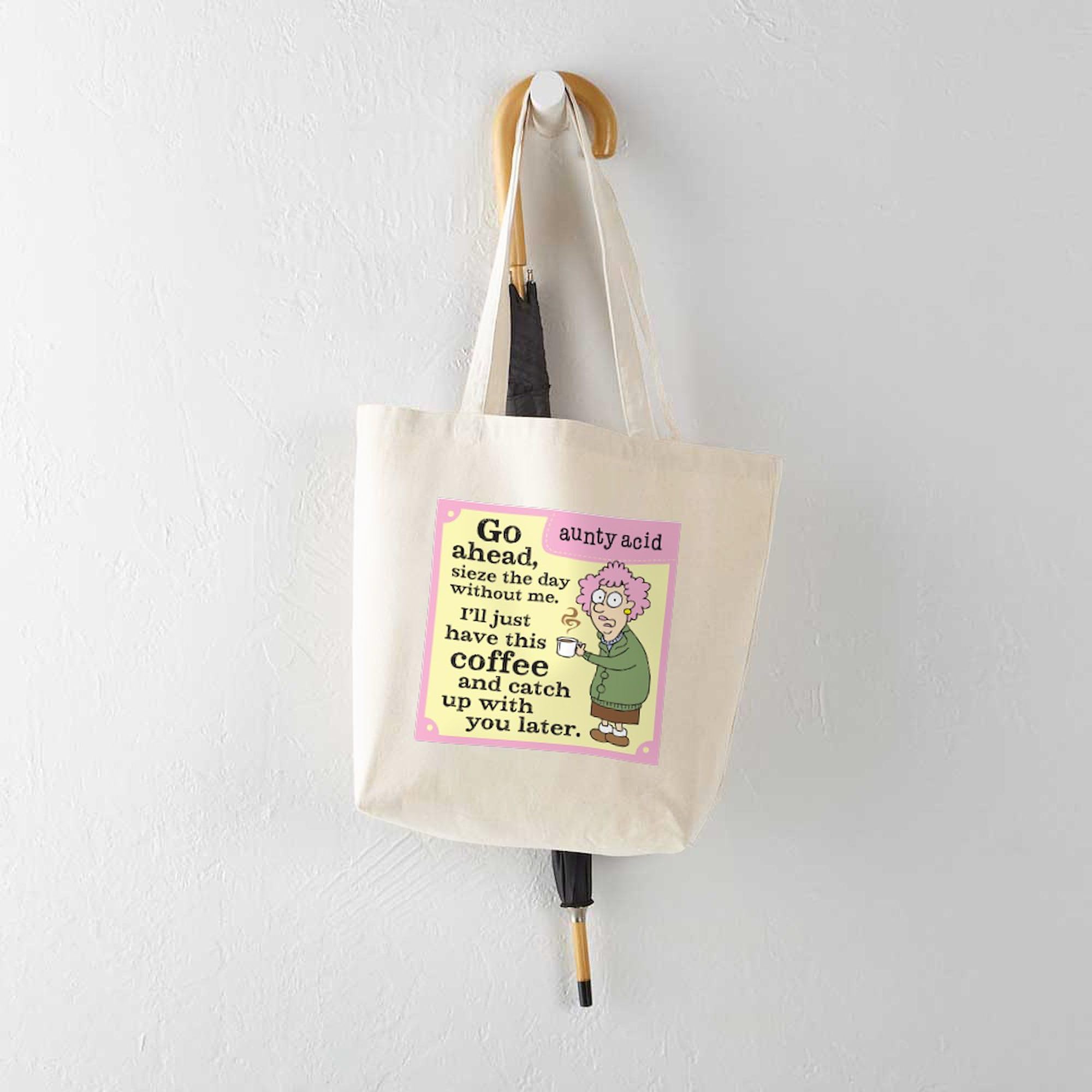 Aunty Acid Seize The Day Tote Bag - Natural Canvas Reusable Shopping Bag for Groceries, Beach & Work - Funny Inspirational Gift for Women