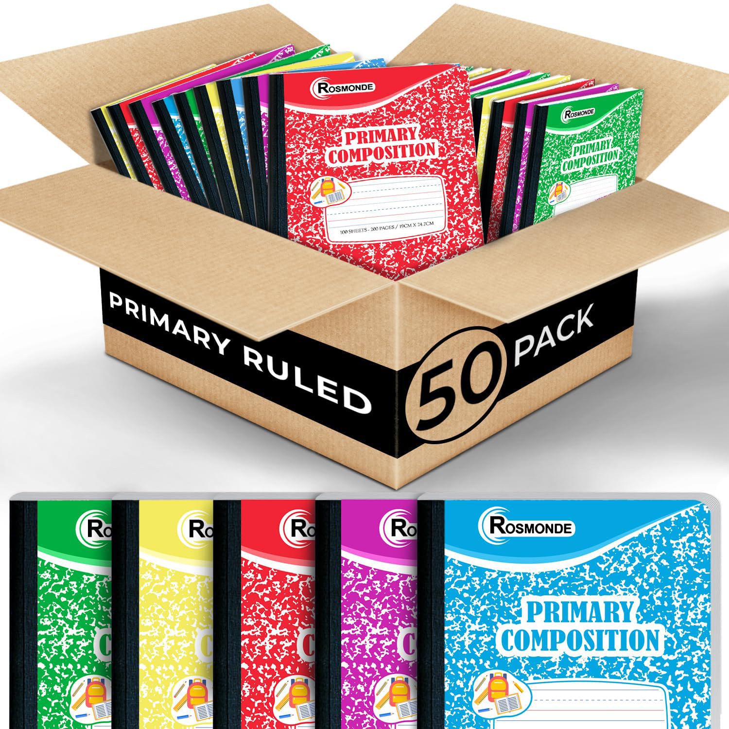 50-Pack Primary Ruled Composition Notebooks for Kids - 200 Pages (100 Sheets) with Dotted Lines - Color Marble Design - Ideal for Grades K-2 Writing Practice, Homeschooling & Classroom Activities