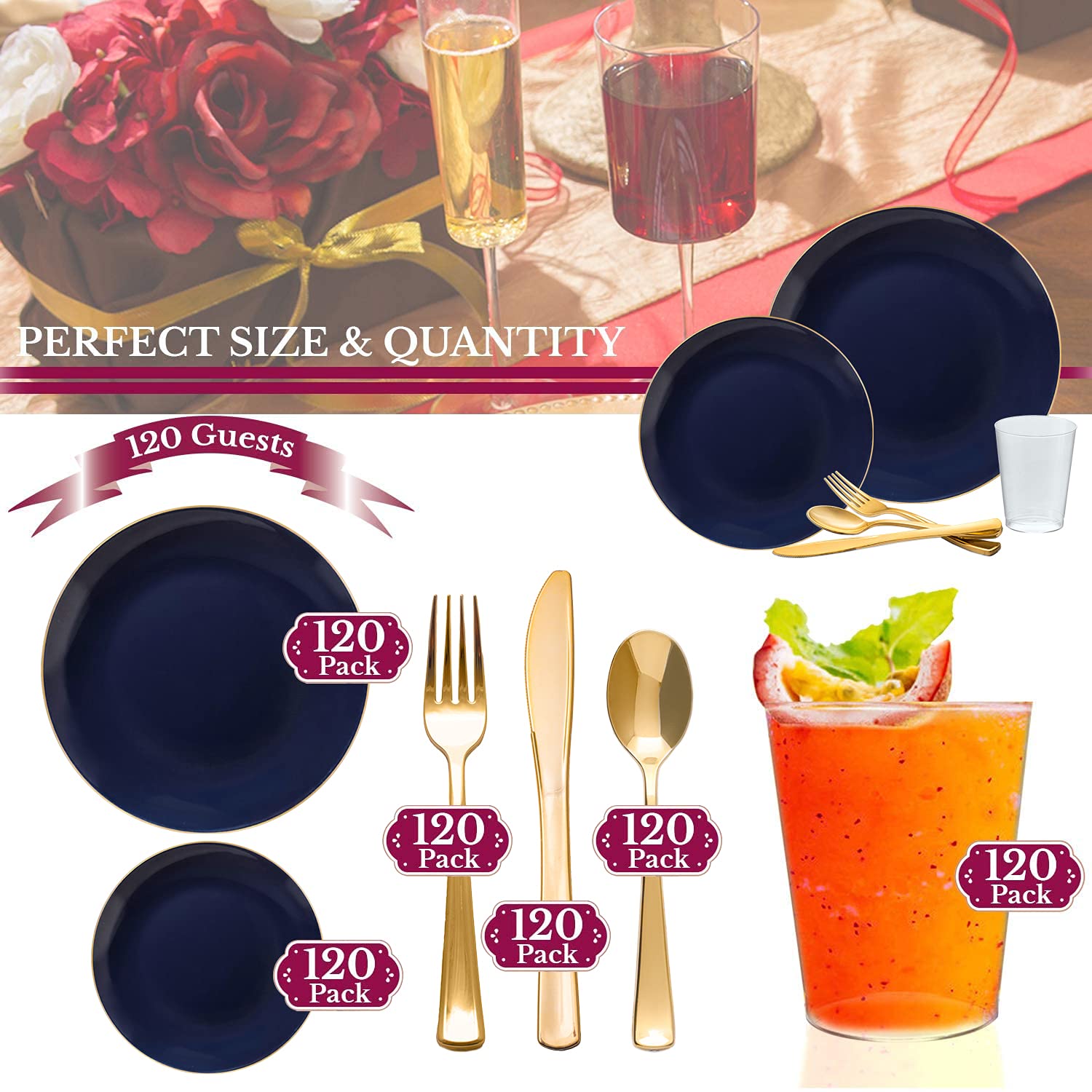 Eco-Friendly Disposable Plastic Plates with Elegant Rim Design - Bulk Round Dinnerware for Wedding, Birthday Party & Special Events (Navy Blue with Gold Trim, 120-Piece Wedding Set) - Perfect for Outdoor Gatherings, Catering & Hassle-Free Cleanup
