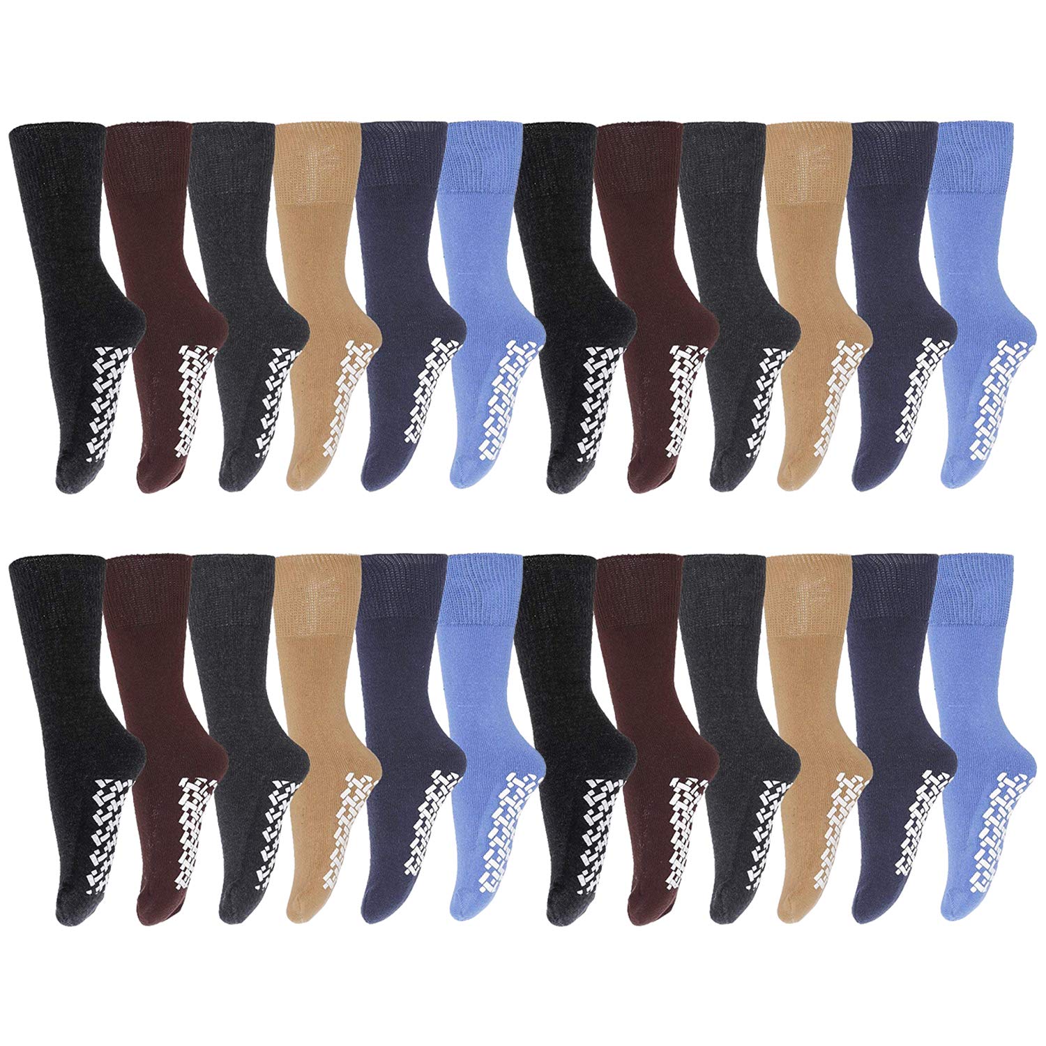 Non-Slip Hospital Socks with Grippers for Women & Men - Bulk Pack (12 Pairs) - Assorted Colors - Perfect for Elderly Care, Post-Surgery Recovery & Home Safety