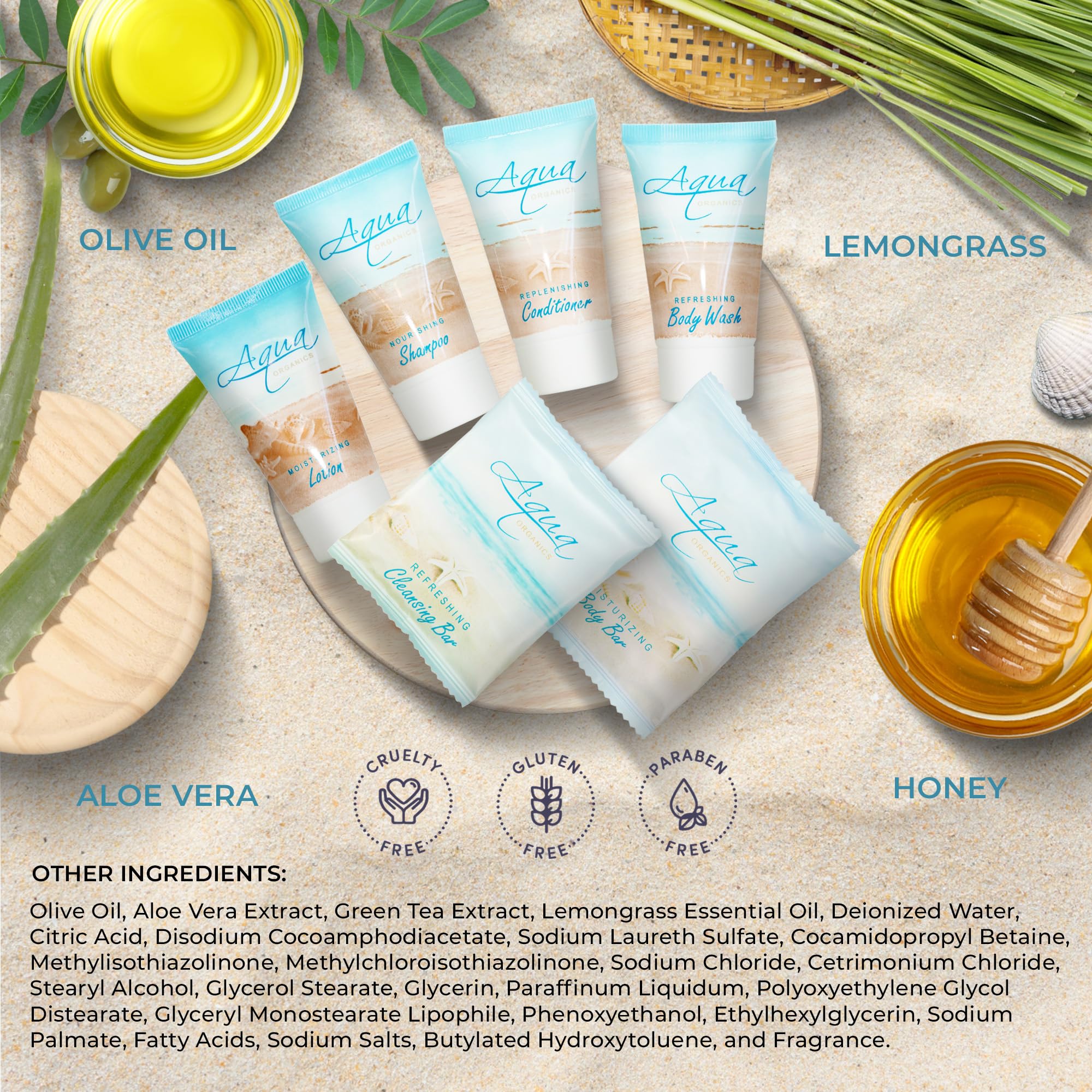 Aqua Organics Travel Amenity & Accessory Kit - 60 Sets with 1 oz Shampoo, Conditioner, Lotion, Body Wash, Soap Bars, Shaving Kit, Dental Set & Makeup Wipes | Perfect for Hotels, Spas, Airlines & Luxury Gift Baskets