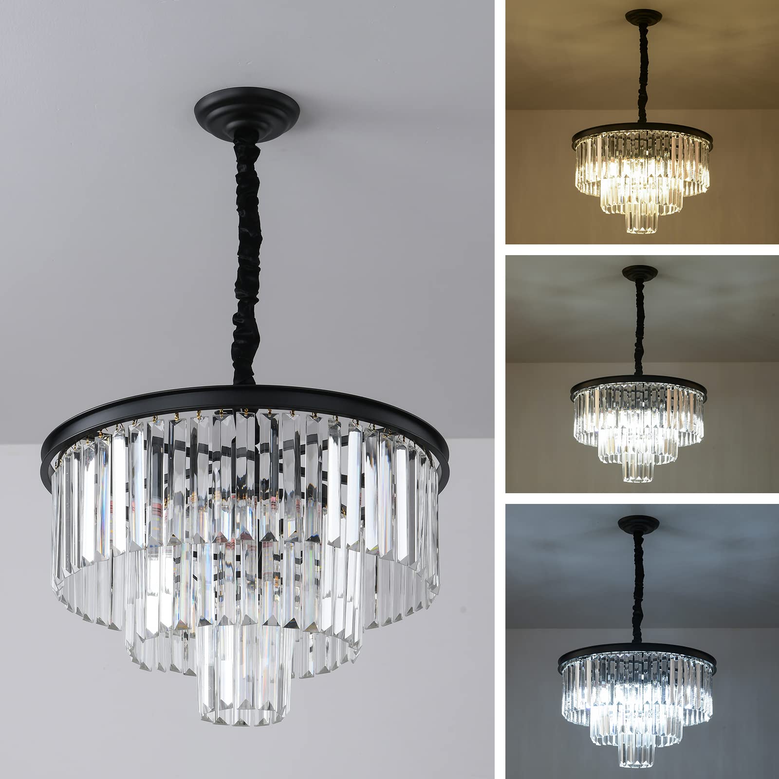 Modern Black Crystal Chandelier - 3-Tier Round Flush Mount Ceiling Light with Adjustable Height, Elegant Pendant Lighting for Dining Room, Living Room, Bedroom, Kitchen & Hotel Foyer | Perfect for Home Decor, Wedding Venues and Luxury Interior Design