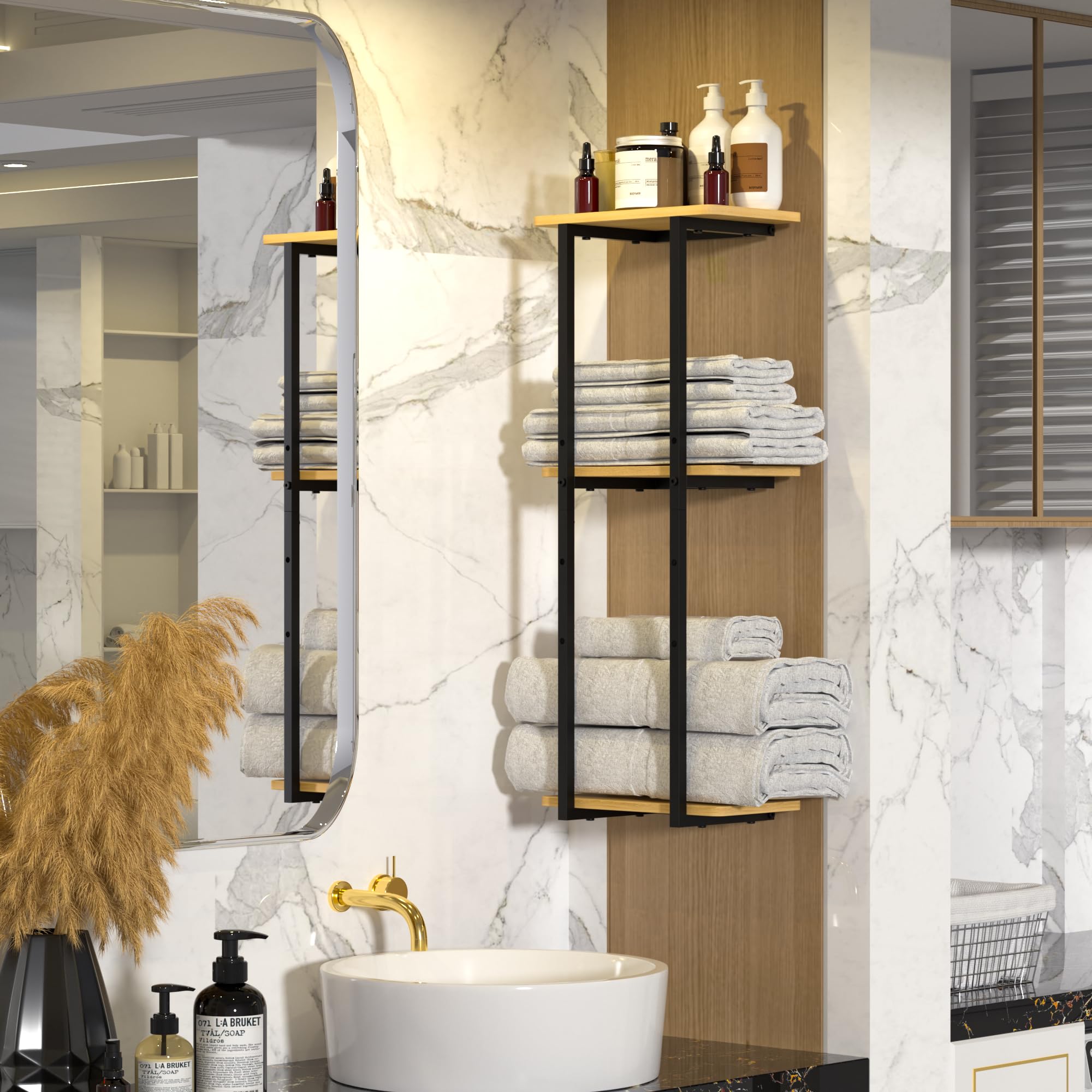 Premium Black Wall Mounted Towel Rack with Wood Shelf - Heavy Duty Metal Bathroom Towel Holder for Kitchen, Living Room & Bedroom Storage | Space-Saving Organizer for Towels, Robes & Decor