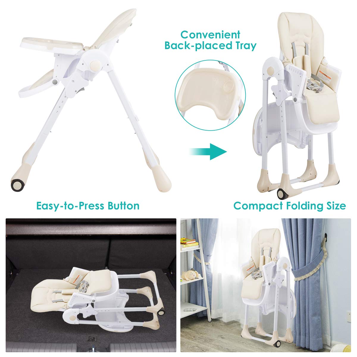 BABY JOY Convertible High Chair for Babies & Toddlers - Adjustable Height, Recline & Footrest, Removable Double Tray, Portable Baby Dining Chair with Wheels (Beige) | Perfect for Home, Restaurant & Travel Use