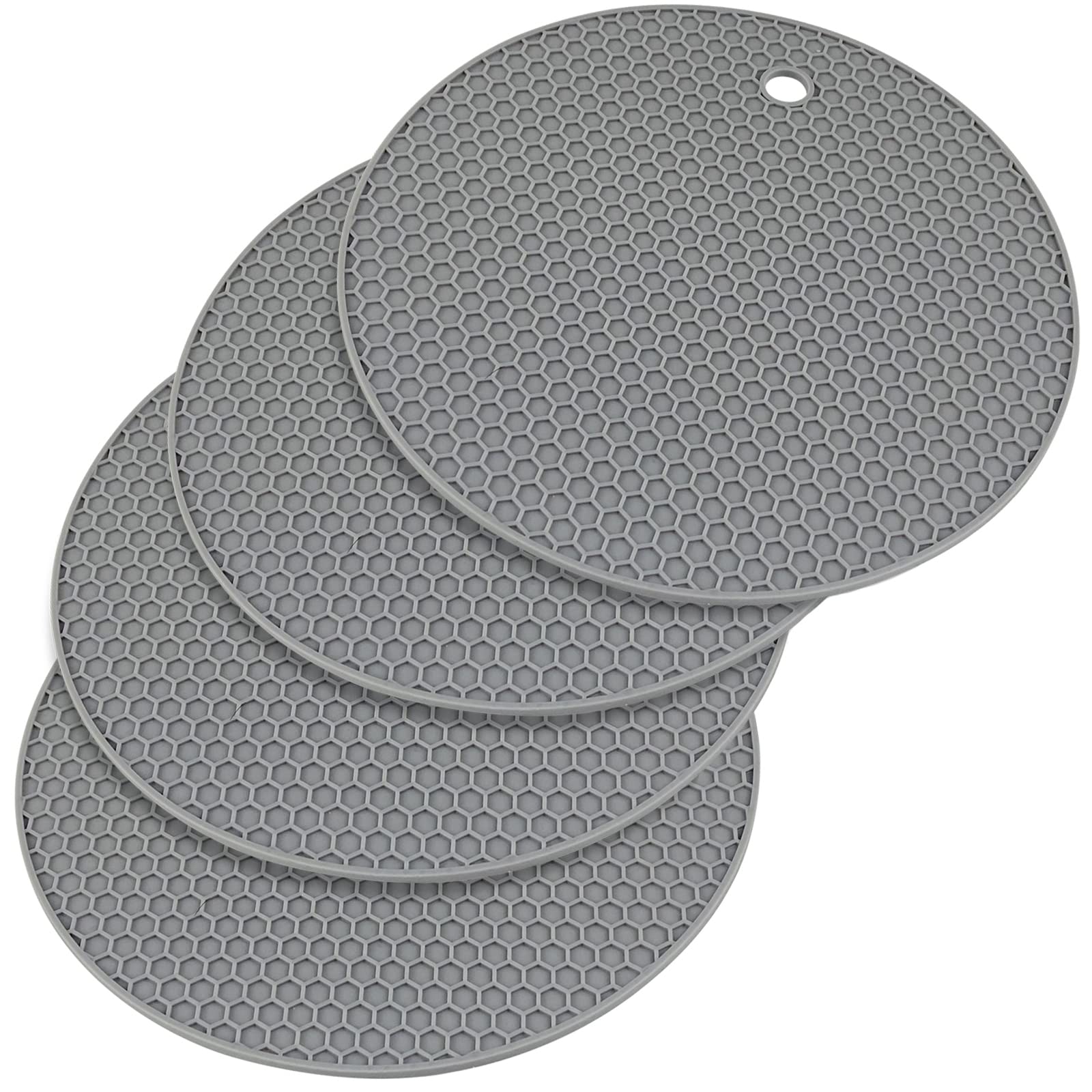 Uootach Set of 4 Round Silicone Pot Holders - Non-Slip, Waterproof, Heat Resistant Silicone Trivets for Pots, Pans, Teapots & Bowls (Gray) - Perfect for Kitchen Countertops, Dining Tables & Outdoor Picnics