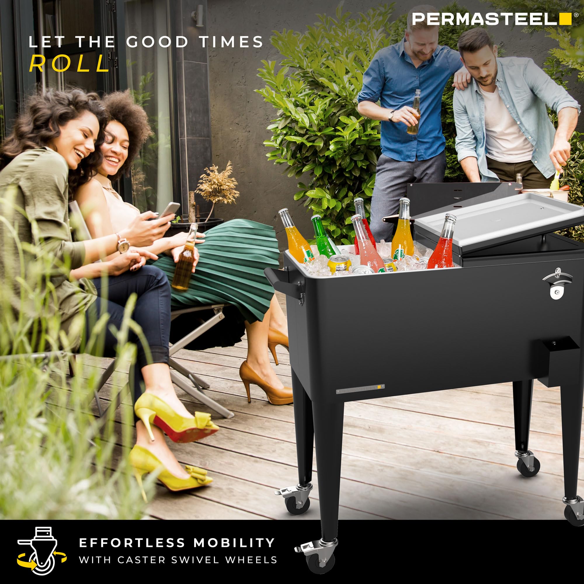 Permasteel 80-QT Classic Outdoor Patio Cooler with Wheels & Handles - Retro Design Beverage Bar Cart for Backyard, Picnics & Tailgating - Perfect for Outdoor Parties, Camping & Beach Trips