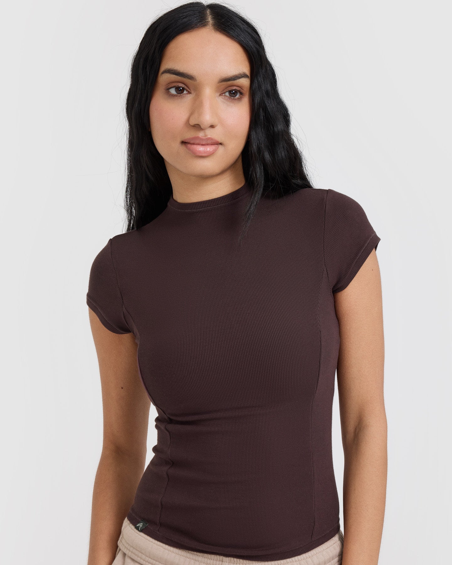 Mellow™ Rib Mock Neck T-Shirt for Women - Soft & Comfortable Plum Brown Top | Casual Wear, Layering, Everyday Outfits