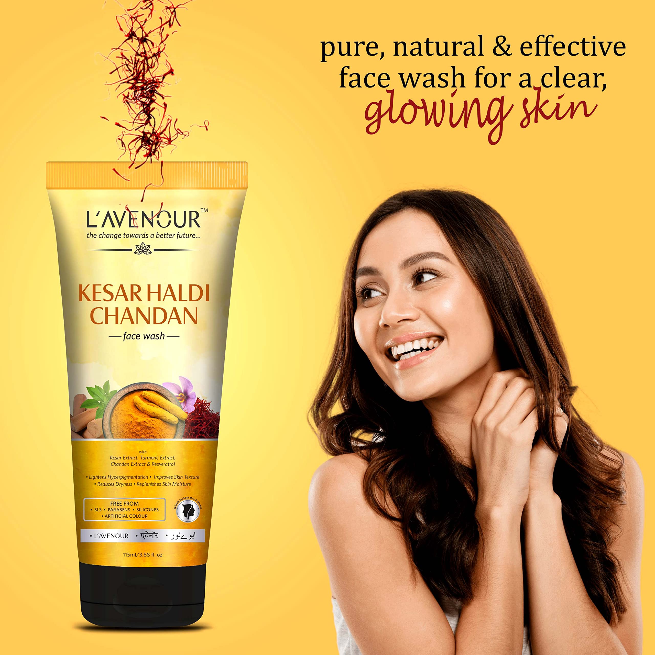 L'avenour Kesar Haldi Chandan Natural Ubtan Face Wash for Men & Women - Brightens Skin, Reduces Hyperpigmentation & Dryness | 115ml (3 Pack) | Perfect for Daily Skincare Routine & Glowing Complexion