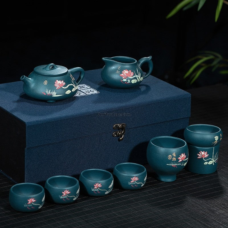 Premium Yixing Blue Clay Lotus Teapot Set - Authentic Chinese Shi Piao Tea Ceremony Gift for Oolong & Pu-erh Tea Lovers | Perfect for Home Tea Ceremonies, Meditation & Gifting